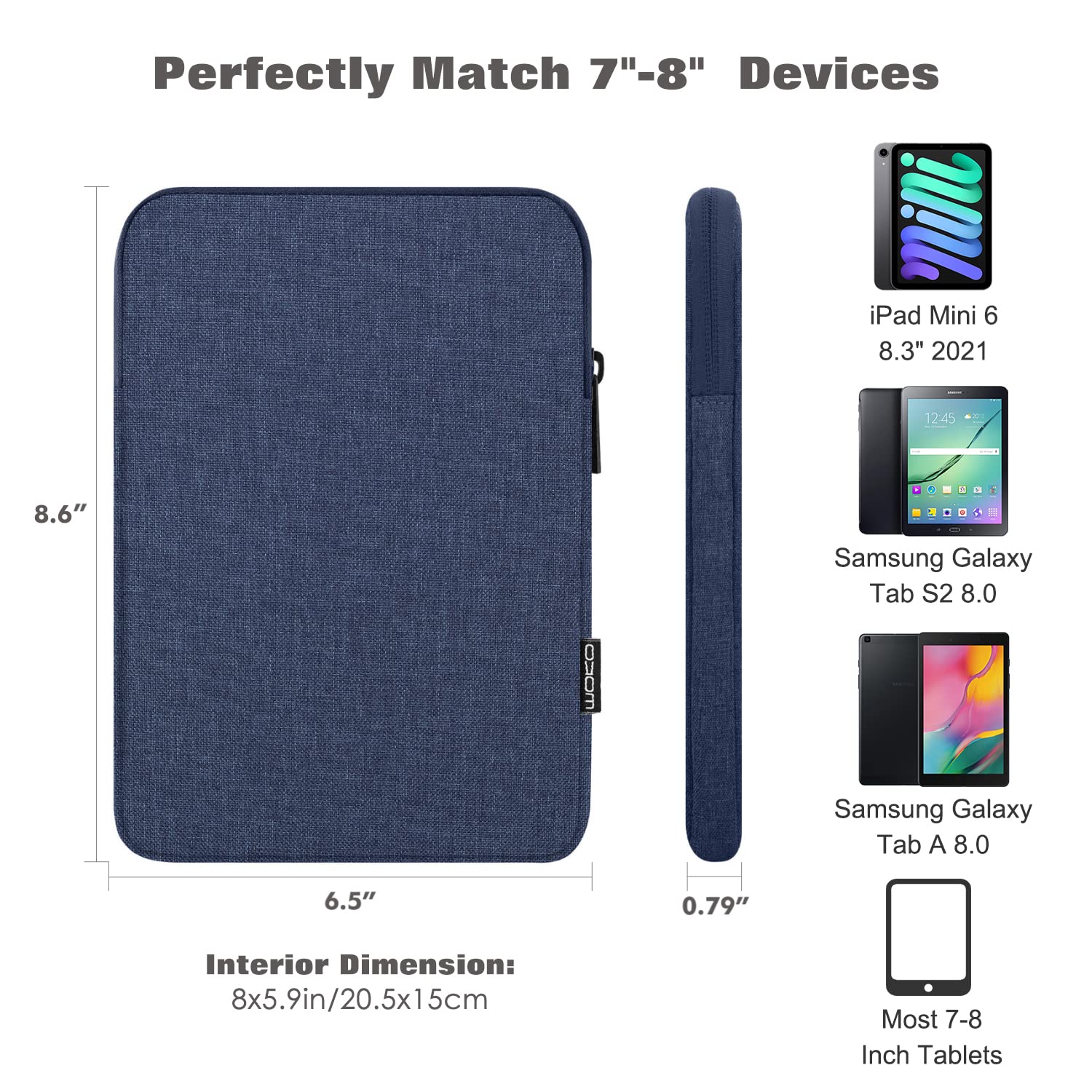 MoKo 7 8 Inch Tablet Sleeve Bag, Polyester Pouch Cover Case Fits iPad Mini (A17 Pro) 8.3' 2024, iPad Mini 6/5/4/3/2/1, Samsung Galaxy Tab S2 8.0, Tab A 8.0, ZenPad Z8s 7.9,Navy Blue