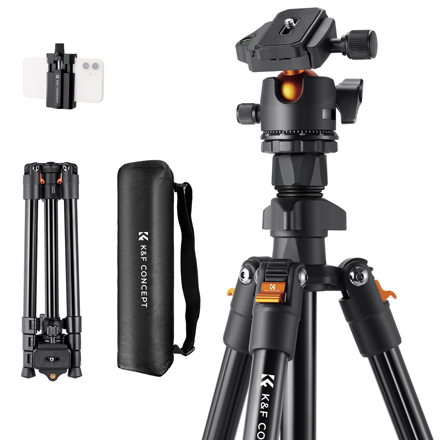 K&F Concept 64 Inch/163Cm Camera Tripod,Lightweight Travel Outdoor Dslr Tripods With 360 Degree Ball Head Load Capacity 8Kg/17.6Lbs,Cellphone Clip For Smartphone Live Streaming Vlog K234A0+Bh 28L