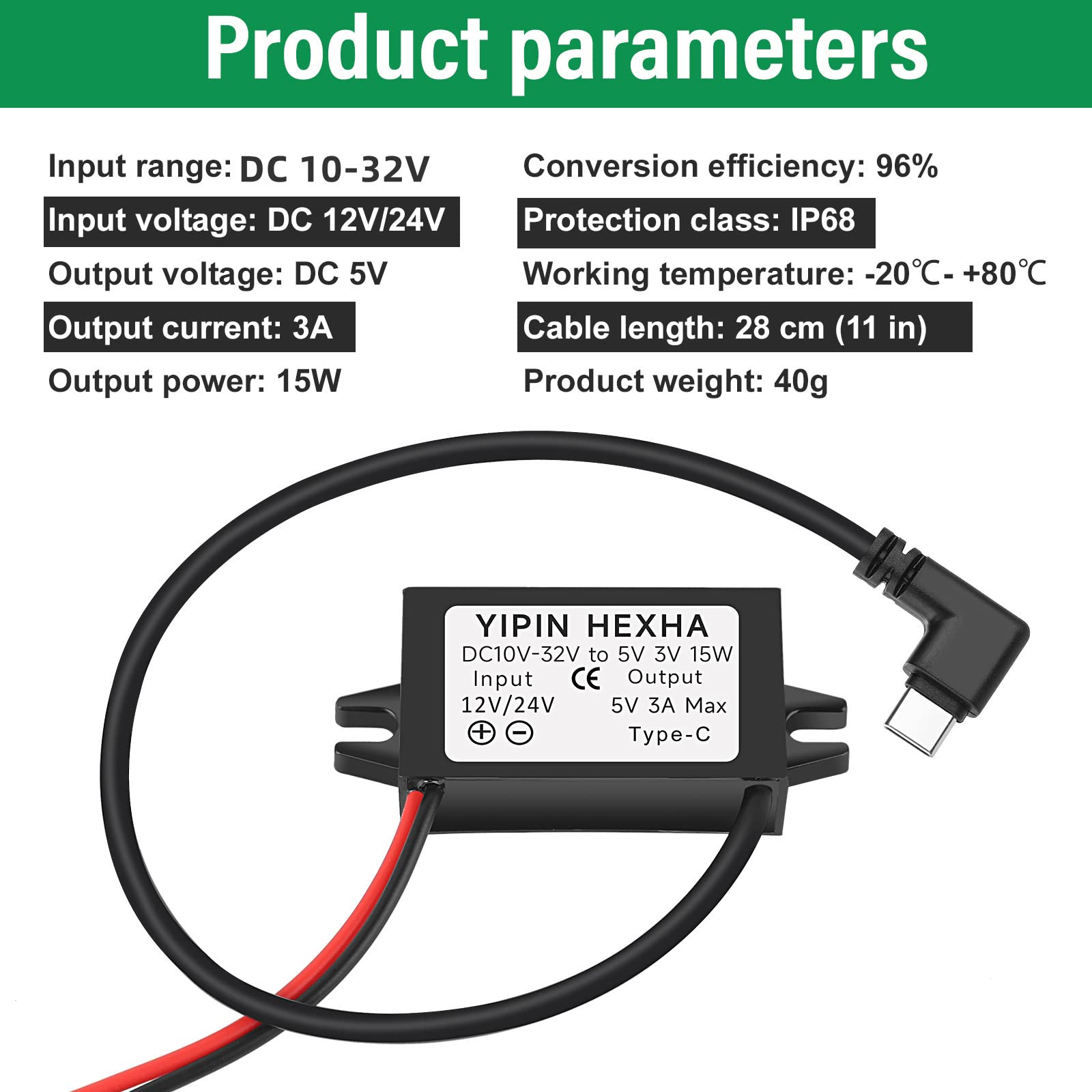 Yipin Hexha Dc 24V/12V To 5V Usb Type C Right Angle Step Down Converter Output 3A 15W Buck Module Power Adapter, Compatible With