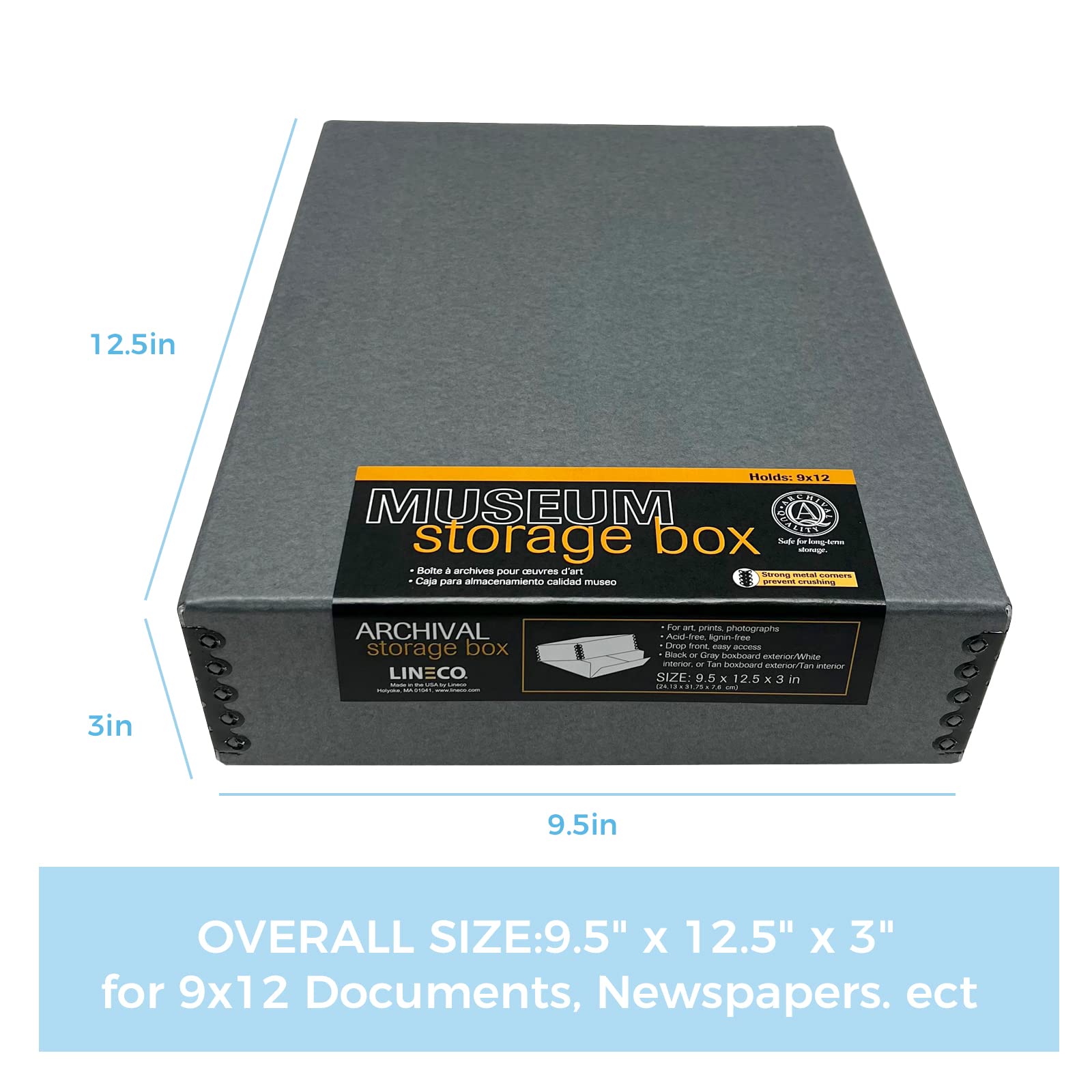 Lineco Museum Archival Storage Box, 9.75X12.75X3 In. Drop Front Design. Acid Free With Metal Edge. Organize Photos, Pictures, Prints, Documents, Crafts, Diy. Gray, 1 Pack