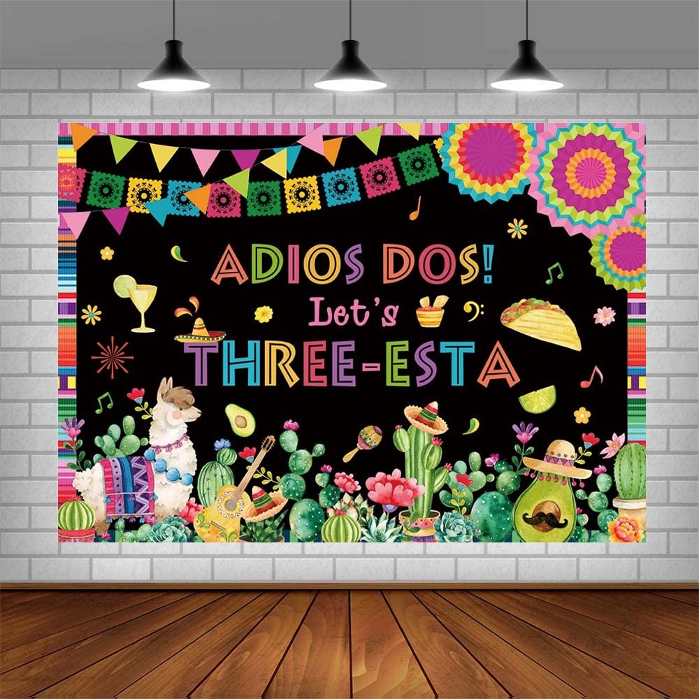 Aibiin 7X5Ft Mexican Third Birthday Backdrop Fiesta Three-Esta Happy Birthday Party Decoration Mexican Fiesta Cactus 3Rd Birthda
