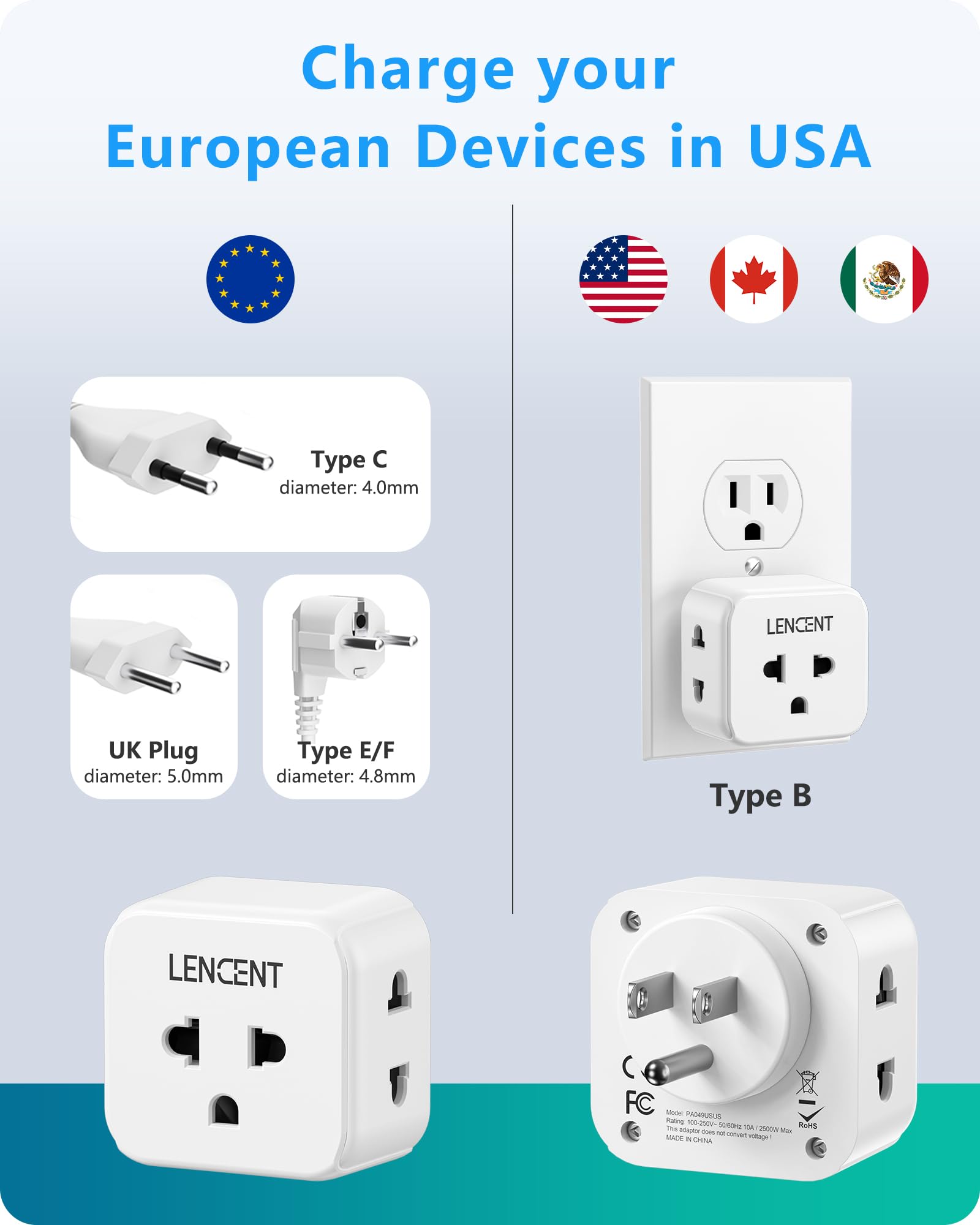 Lencent 2 Pack Eu To Us Plug Adapter, European To Usa Outlet Adaptor, Travel From Europe To American Outlet, 3 Outlet Extender,