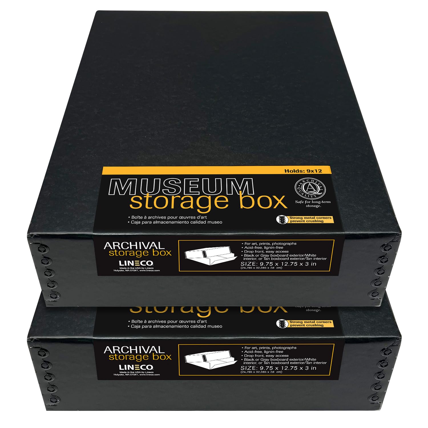 Lineco 9X12 Black Museum Archival Storage Box, Drop Front Design, 9.75X12.75X3 In. Acid Free With Metal Edge. Preserves Picture Longevity, Organize Photos Or Documents, Crafts, Diy. 2 Pack