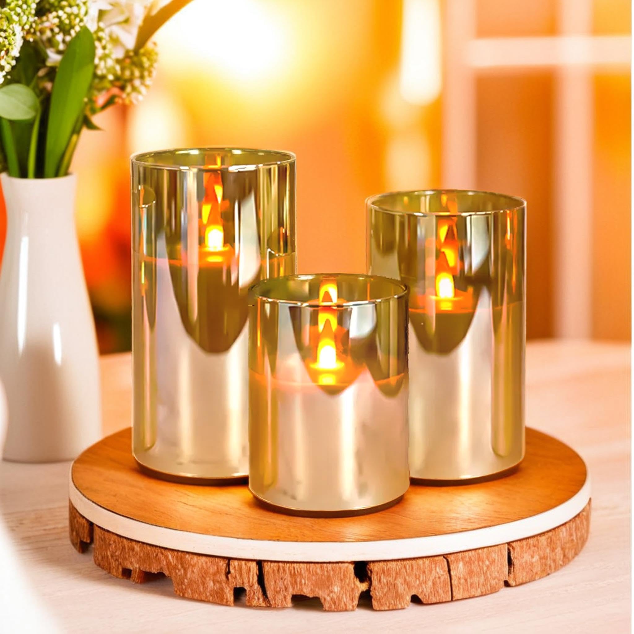 Niceme Radiance Evanescing Flameless Candles With Remote, 3 Pack Glass Battery Operated Candles With Timer, Real Wax Glass Led C