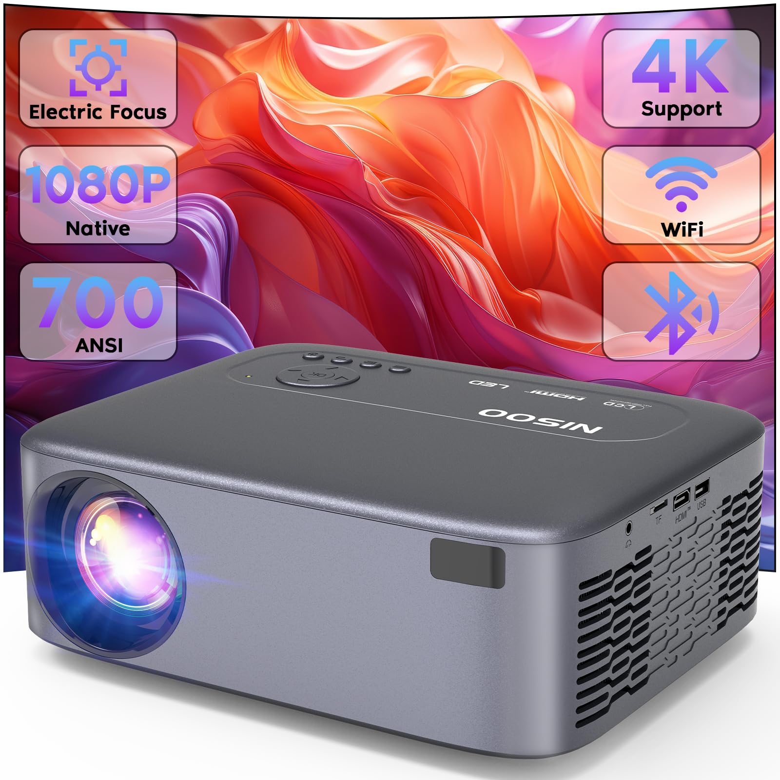 ?Electric Focus?Nisoo Native 1080P Projector, 4K Portable Projector With 700 Ansi, Projector With Wifi And Bluetooth, Zoom Funct