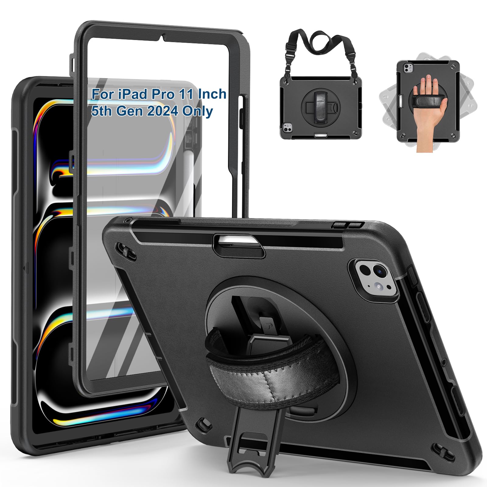 Supfives Case For Ipad Pro 11 Inch 2024 (5Th Gen), With Screen Protector/Shoulder Strap/Pencil Holder/Handle/Rotating Stand, Bla