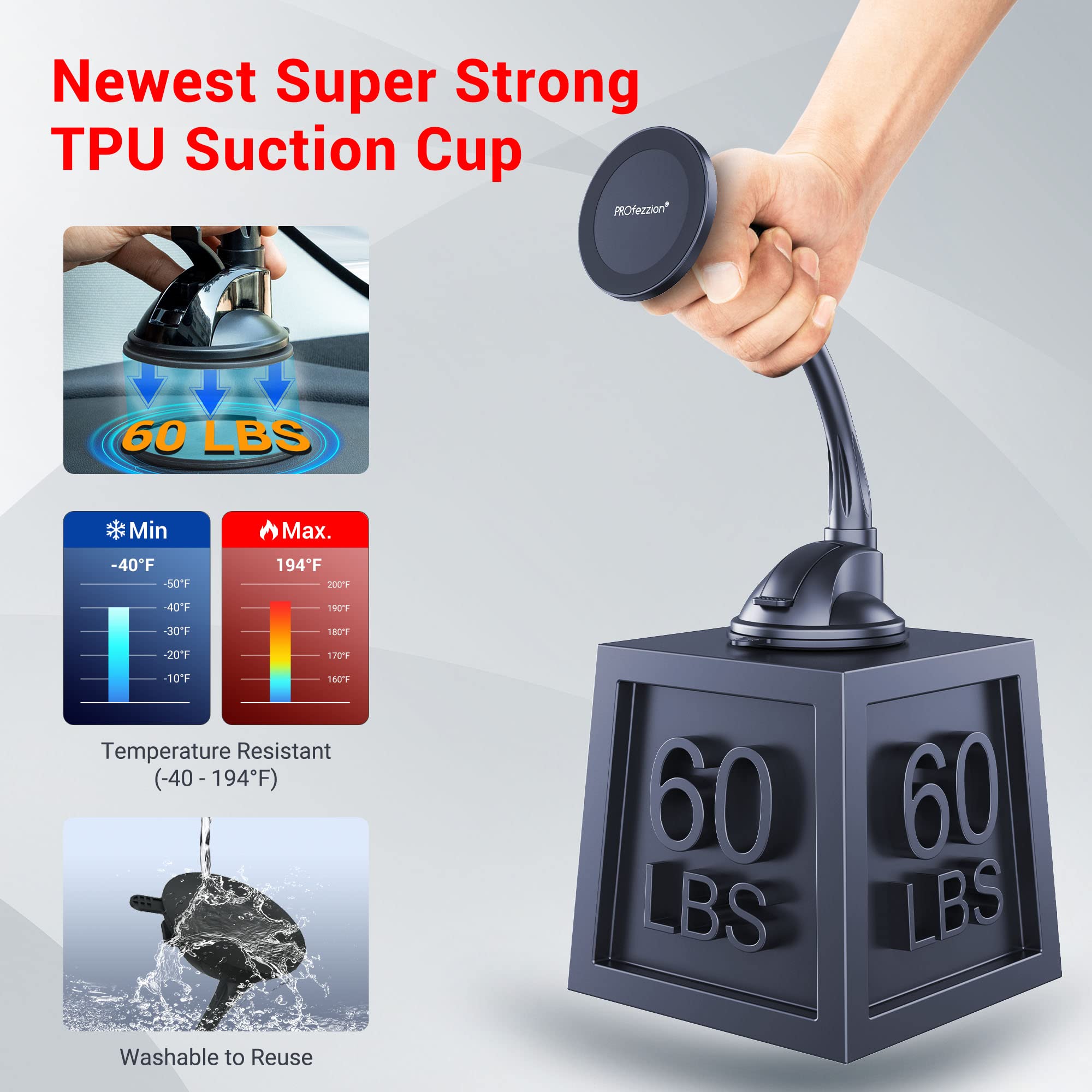 Profezzion Suction Cup & Vent Clip Combo Magnetic Phone Holder Compatible With Magsafe On Car Windshield, Dash Or Vent For Iphon