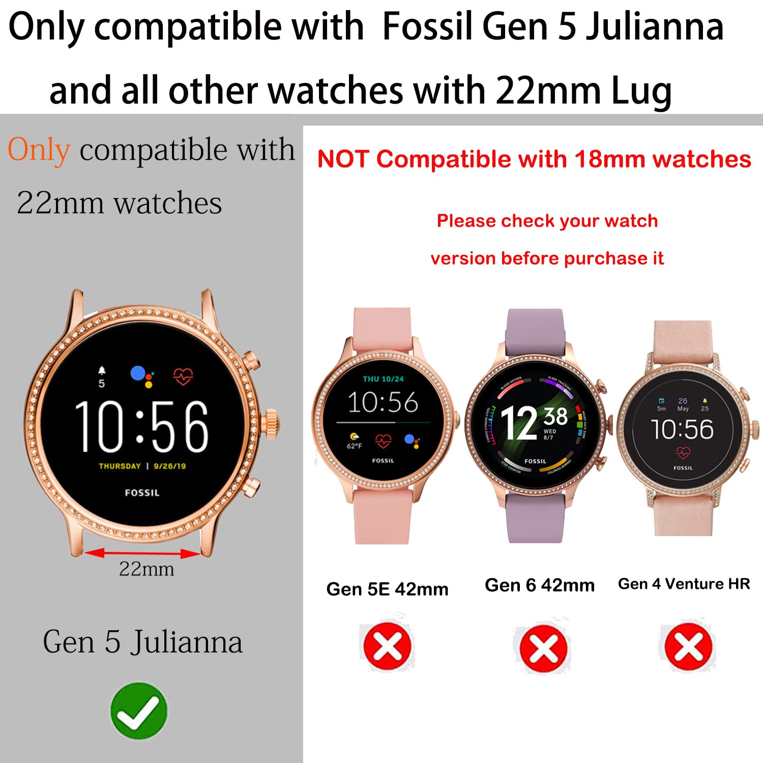 Vicrior Bands Compatible With Fossil Gen 5 Julianna 2019 Release Women 'S Smart Watch, Quick Release Soft Silicone Fadeless Repl