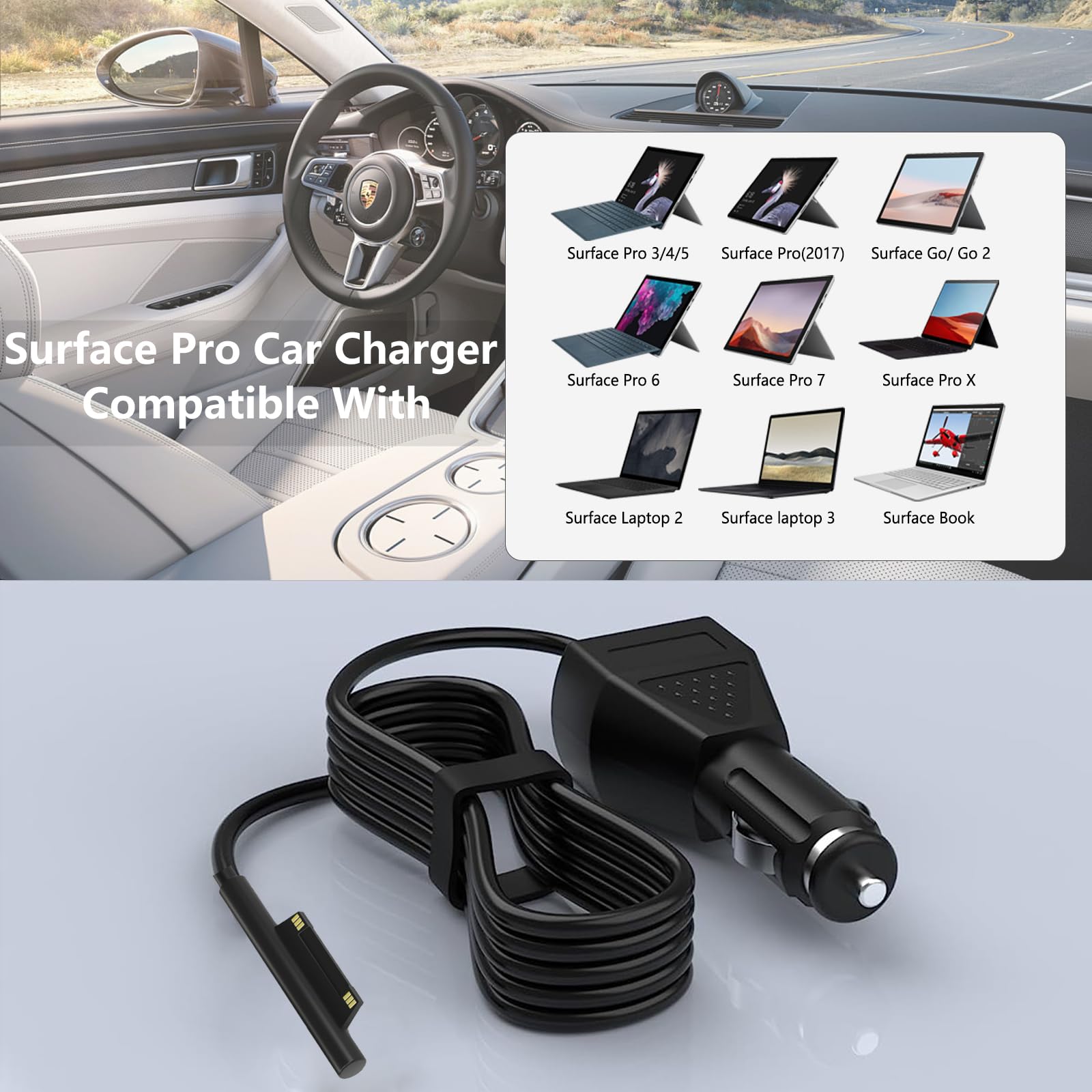 Surface Pro Car Charger 15V2.58A Surface Car Adapter For Microsoft Surface Pro 3/Pro 4/Pro 5/Pro 6/ Pro 7/Pro X Tablet, Surface Book, Surface Go, Surface Laptop ?4.9Ft?