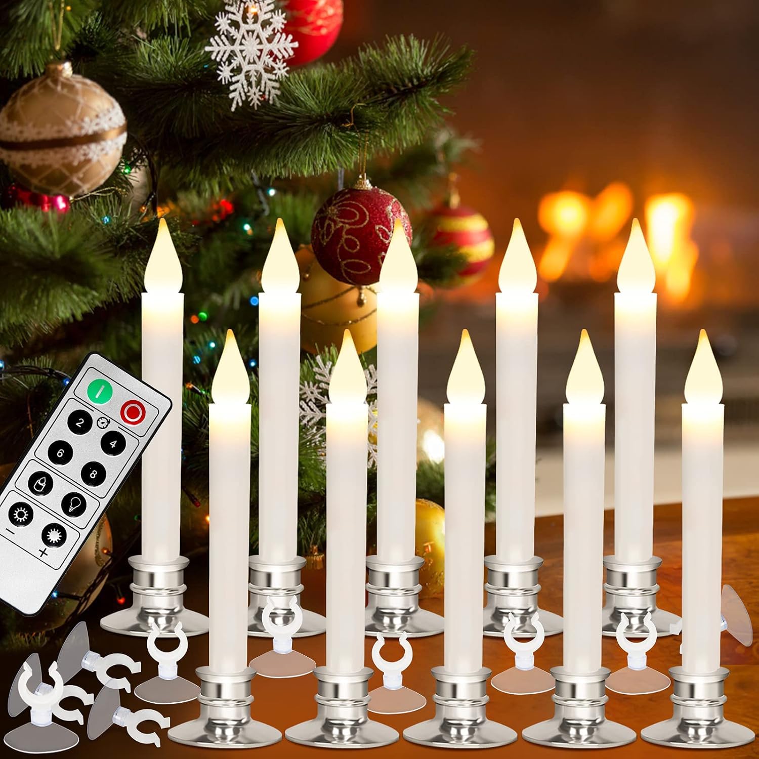 Kithouse Christmas Window Candles Lights With Timer Candles Flameless,Sliver Candlestick, Suction Cups,20 Pcs Battery Included,C