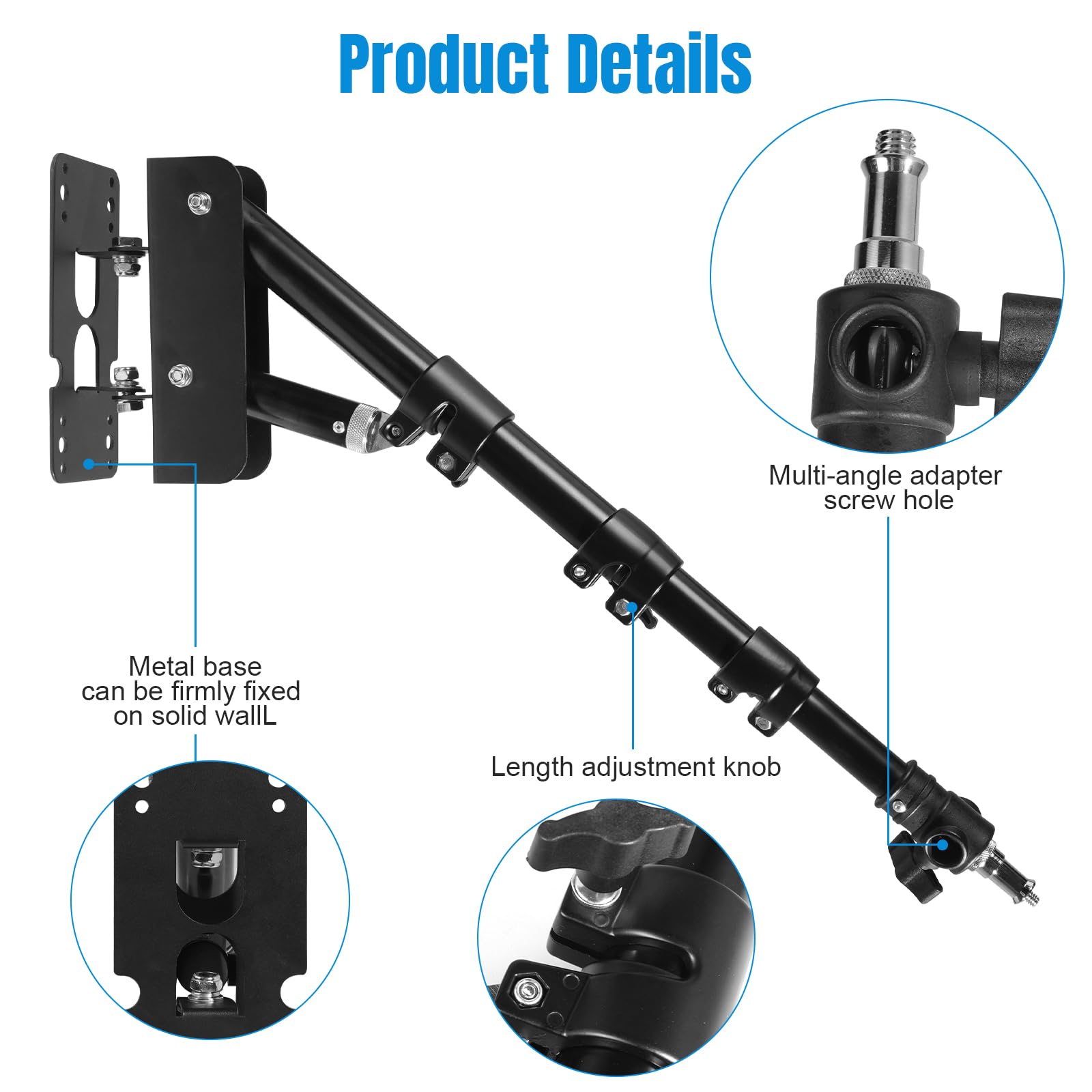 Fotoconic Triangle Wall Mounting Boom Arm Light Stand For Photography Studio Video Strobe Flash Lighting, Max Length 51.2 Inches