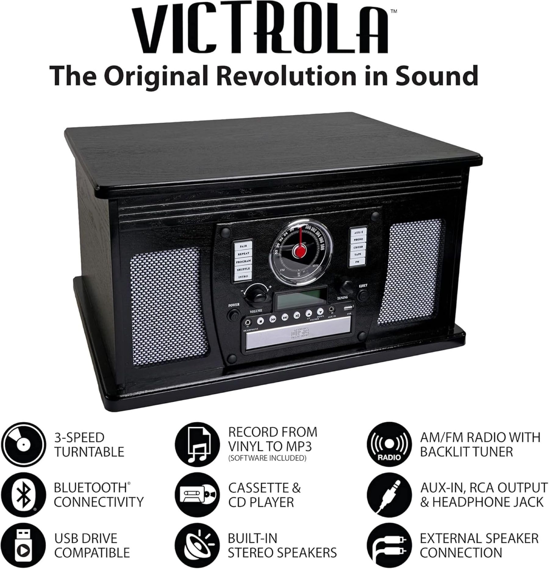 Victrola Aviator 8 In 1 Bluetooth Record Player & Multimedia Center With Built In Stereo Speakers   3 Speed Turntable, Vinyl To