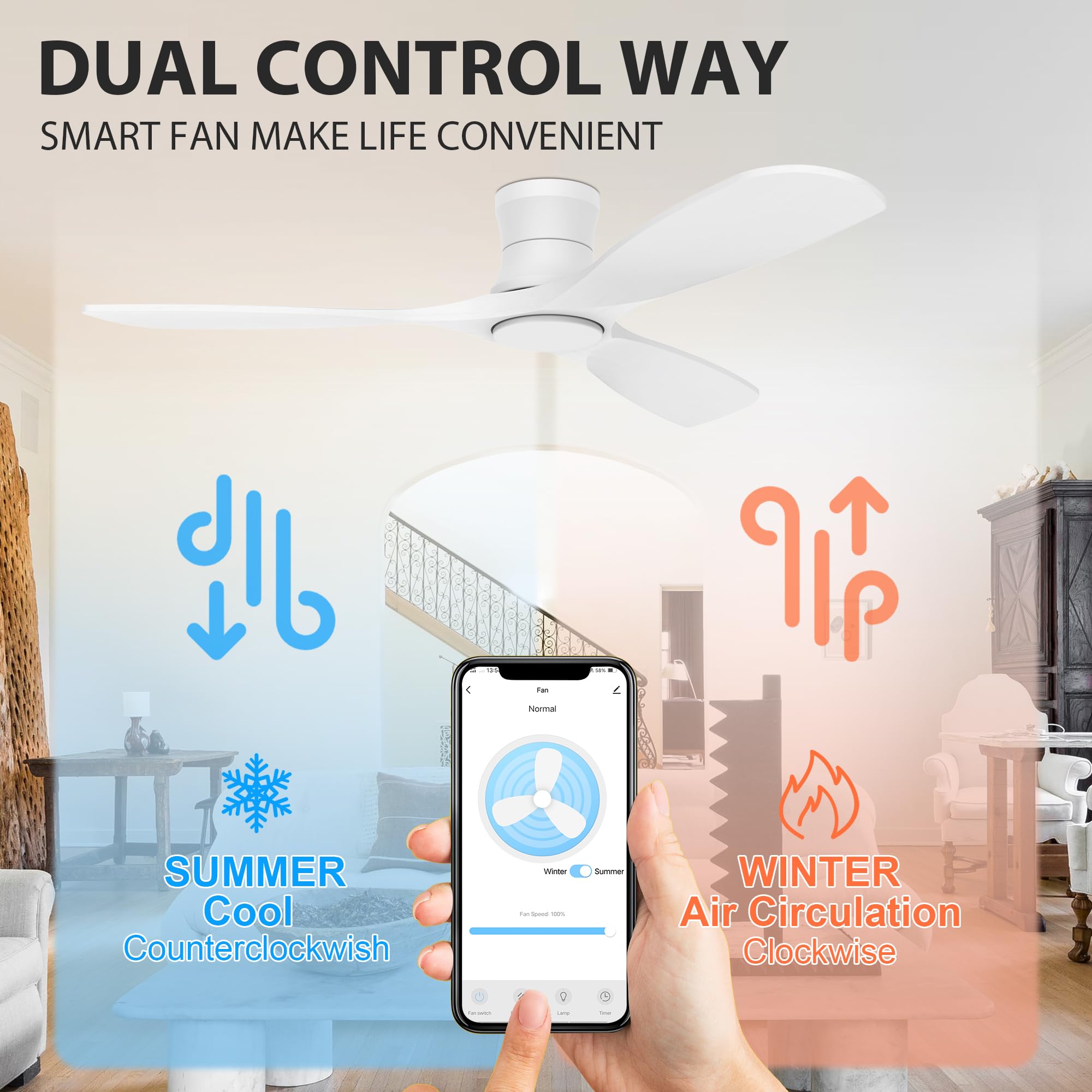 Livory 52    Wood Smart Flush Mount Ceiling Fans With Lights And Remote,Quiet Dc Motor,Outdoor Indoor Ultra Low Profile Ceiling