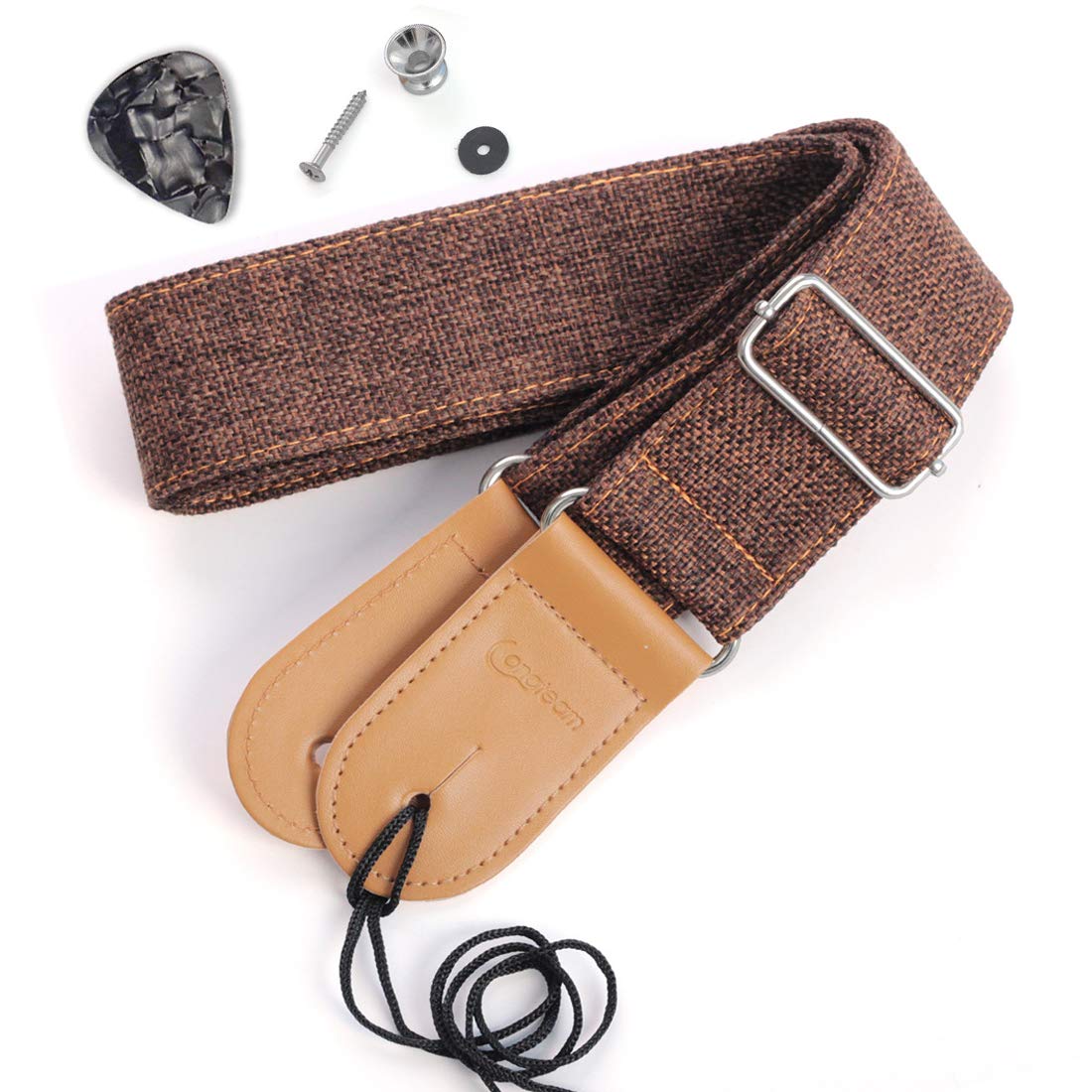 Longteam Simple Linen Leather Guitar Strap Adjustable Length Durable Electric Guitar Bass Straps with Nail, Rope, Picks (Coffee)