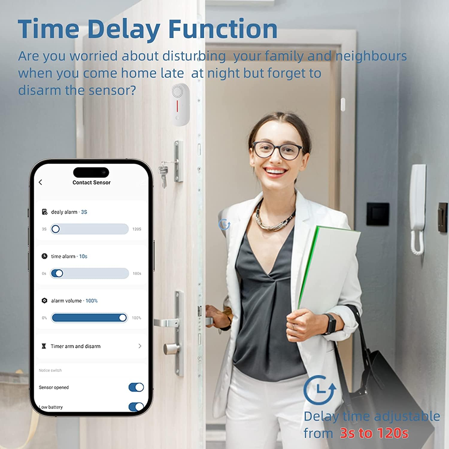Erdiegle Wifi Door/Window Alarm Sensor With App 2.4Ghz(With Timer Arm And Disarm/Time Delay) Sound Adjustable Work With Alexa Go