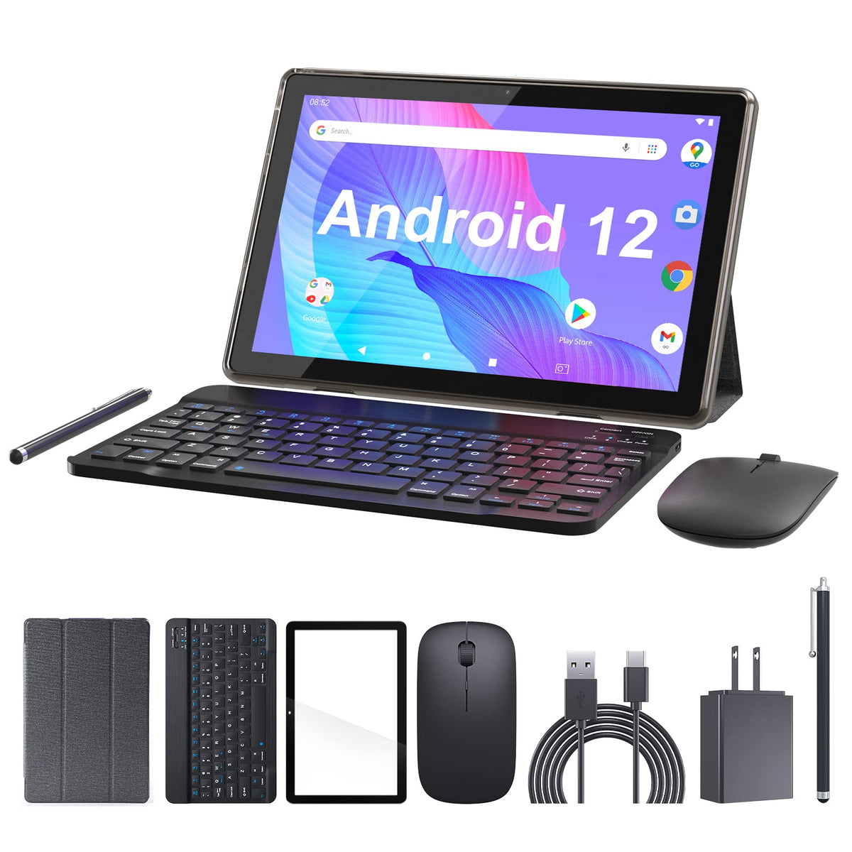 Tablet 10.1 Inch Android 12 Os Tableta, 2 In 1 Tablets With Keyboard, Mouse, Case, Stylus, Tempered Film , 32Gb Rom+2Gb Ram, 8Mp