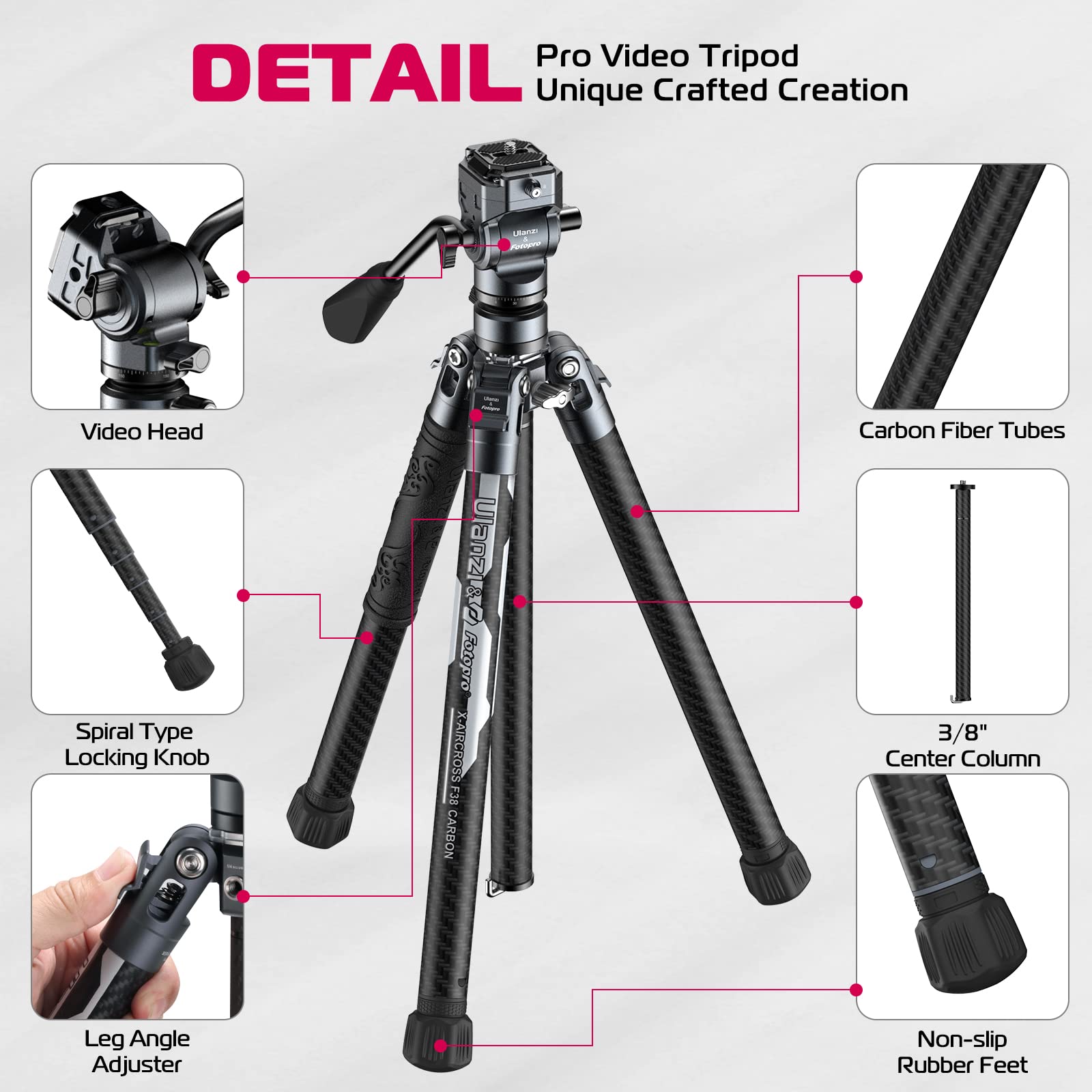 Ulanzi F38 Video Travel Tripod, 61.4 Lightweight Carbon Fiber Camera Tripod With Quick Release 1/4 Screw & Video Head, For Most