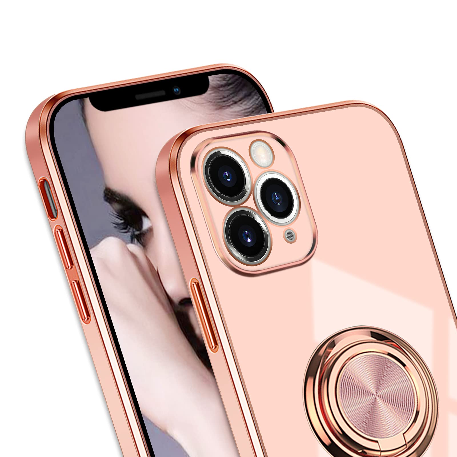 Omorro iPhone 11 Pro Phone Case Pink with Ring Holder Kickstand Shiny Rose Gold Edge TPU