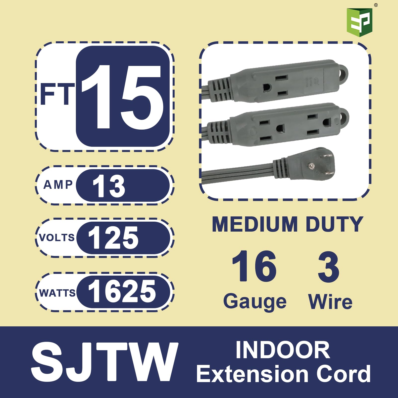 Ep 15 Ft 3 Outlet Extension Cord With Flat Plug, 3 Prong Grounded, 16/3 Spt 3 Power Cable For Indoor Use, Grey, 2 Pack