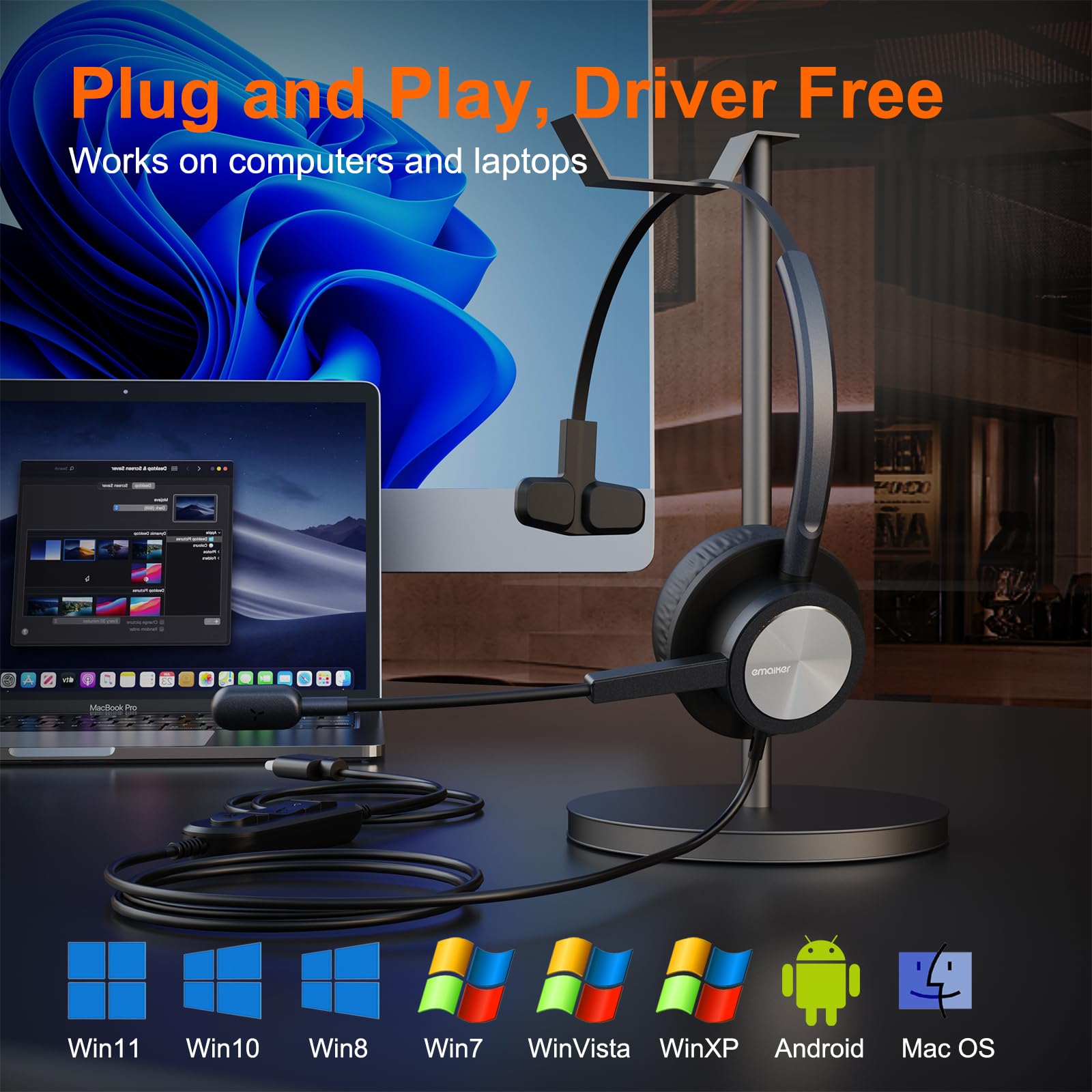 Emaiker One Ear Usb A Headset With Microphone For Pc, Computer Headset With Mic Noise Canceling For Laptop Teams Zoom Office Wor