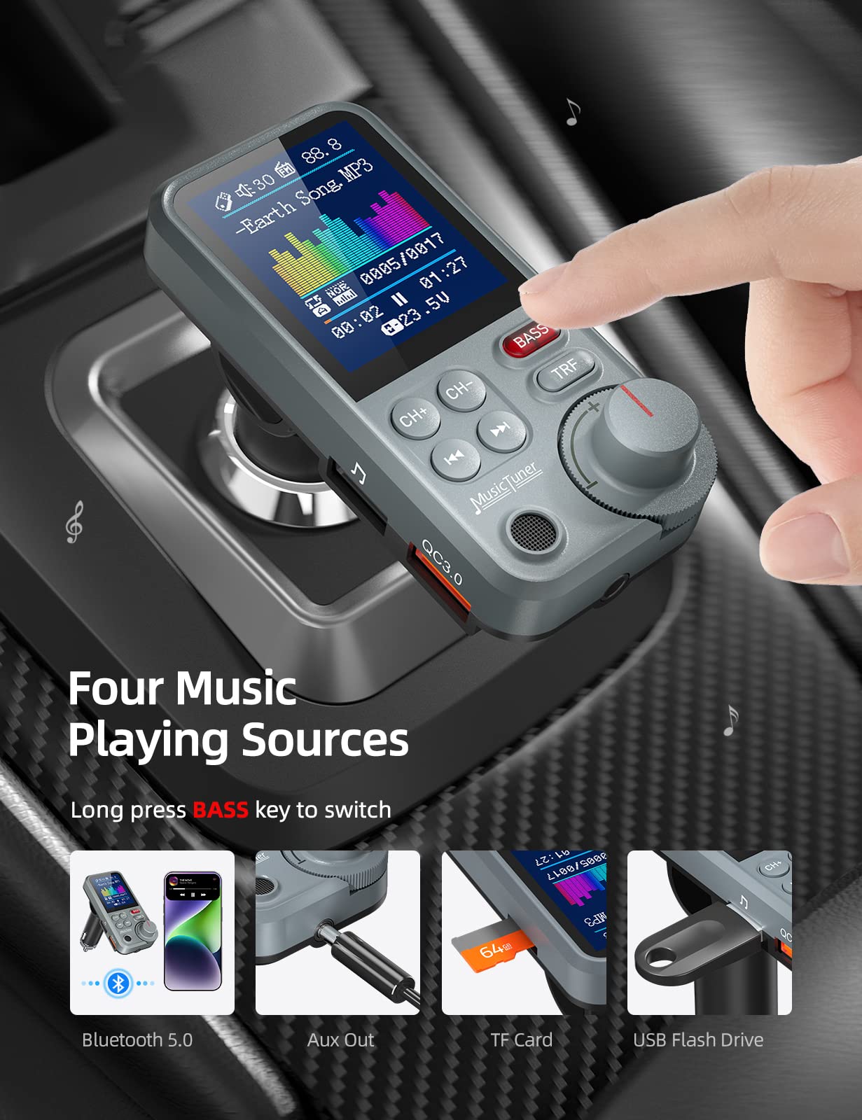Nulaxy Fm Bluetooth Transmitter For Car, Strong Microphone Bluetooth Car Adapter With 1.8' Color Screen For Hands Free Calls, Supports Qc3.0 Charging, Treble And Bass Sound Music Player  Km30 Grey