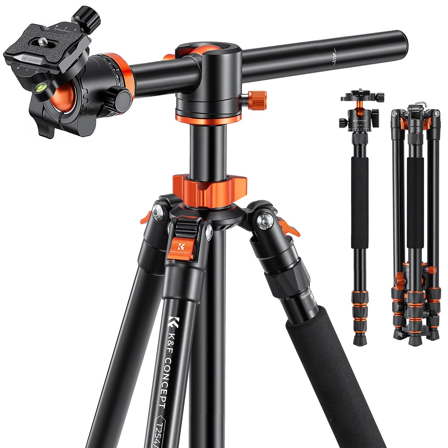 K&F Concept 74 Inch Camera Tripod,Professional Center Axis Horizontal Tripods With Detachable Monopod,360 Degree Ball Head,Quick Release Plate Compatible With Dslr Cameras T254A6+Bh 28L(Sa254T3)