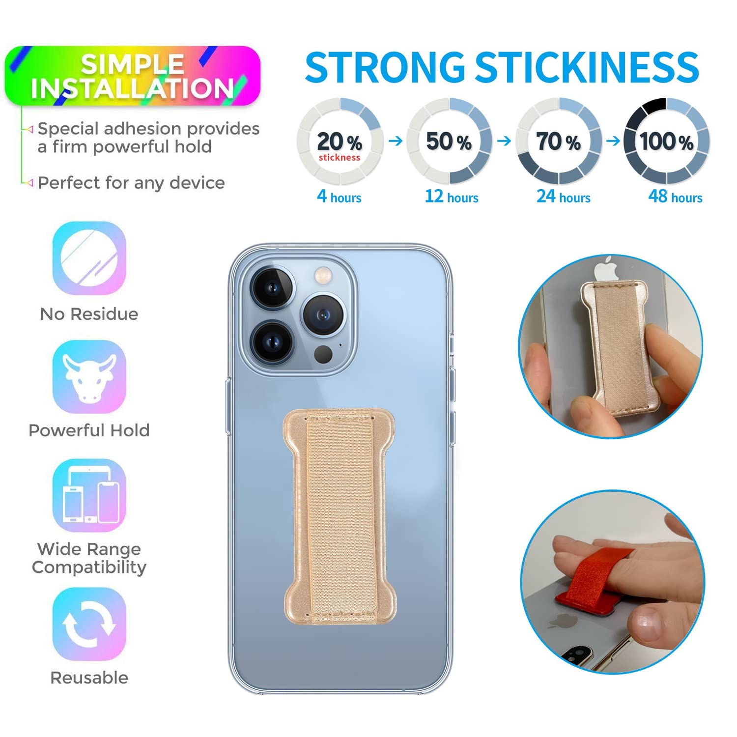 Wuoji Phone Grip Holder For Hand, Universal Finger Strap Phone Holder, Finger Selfie Grip Compatible With Most Smartphones (Gold