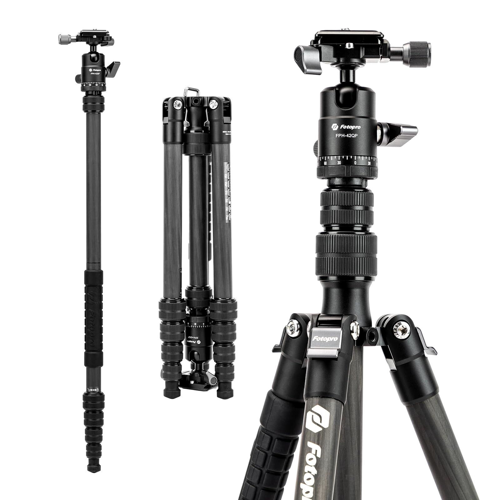 Fotopro 59'' Carbon Fiber Travel Tripod, Lightweight Compact Camera Tripod With Ball Head For Dslr Slr, Compact Detachable Monop