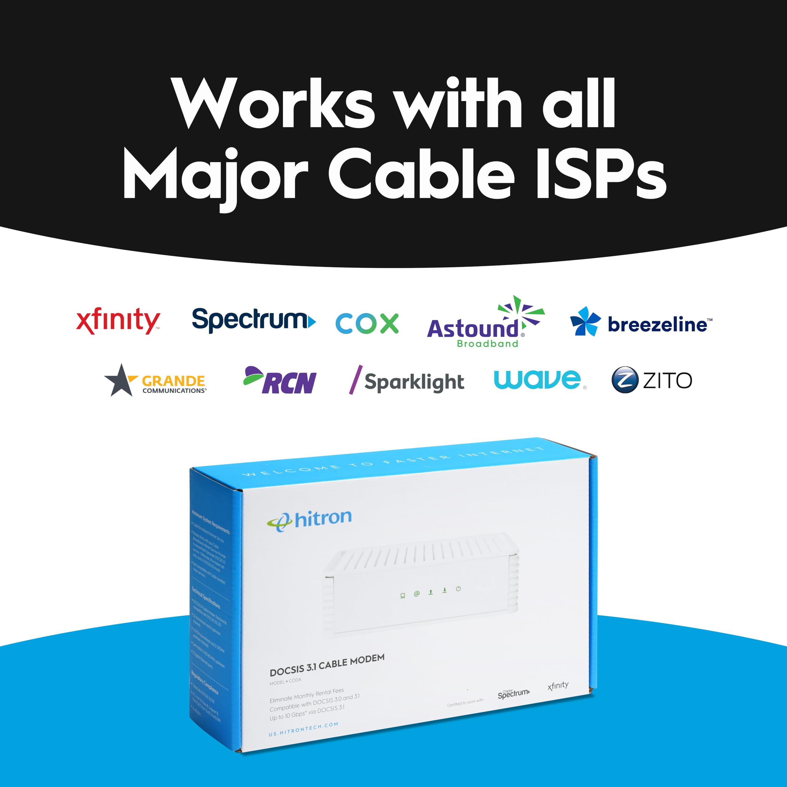 Hitron Coda Docsis 3.1 Modem | 1 Gbps Max Internet Speeds | Certified With Comcast Xfinity, Charter Spectrum, Cox & More | 10X Faster Than Docsis 3.0 | 1 Gbps Ethernet Cable Modem Only