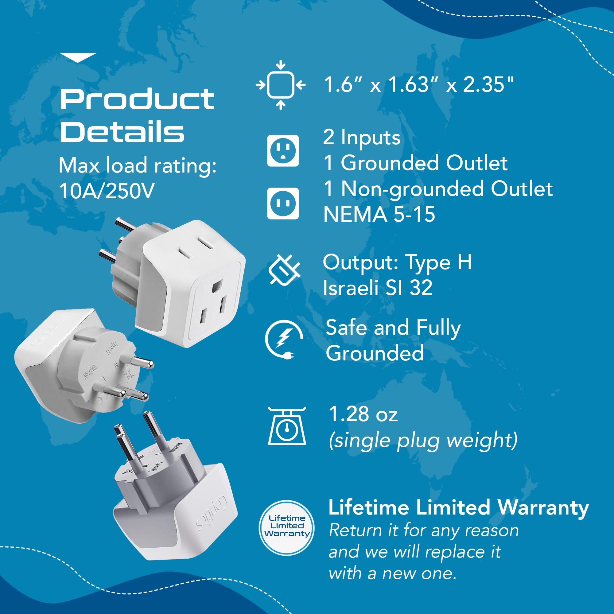 Ceptics Israel Plug Adapter   2 In 1 Type H Adapter, Us To Jersusalem Plug Adapter   Israel, Palestine Travel Adapter Plug,   Dual Usa Inputs, Ce, Rohs   3 Pack