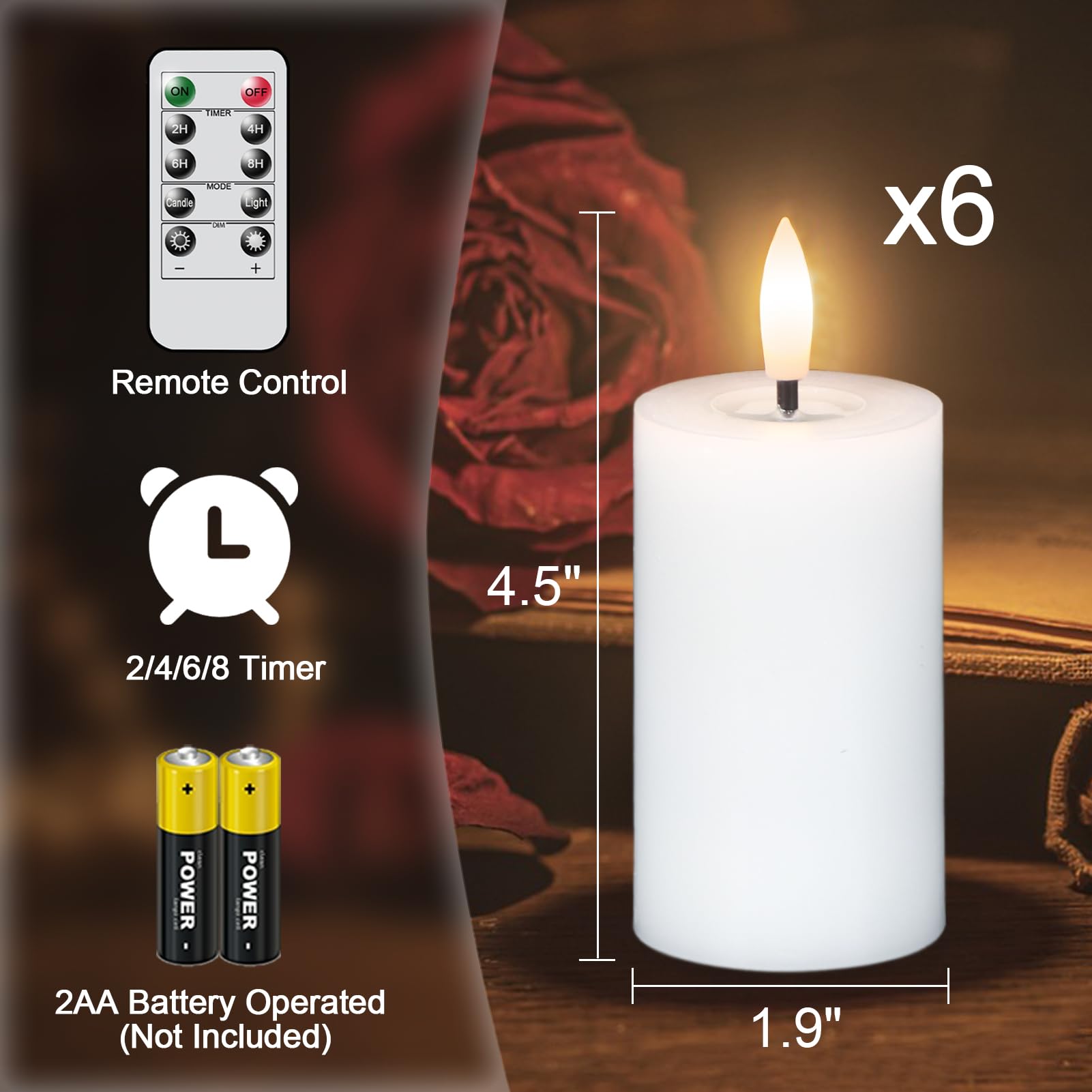 Eldnacele Flameless Pillar Flickering Candles With Remote And Timer   Battery Operated 3D Wick Real Wax Led Set Of 6 White   Chr