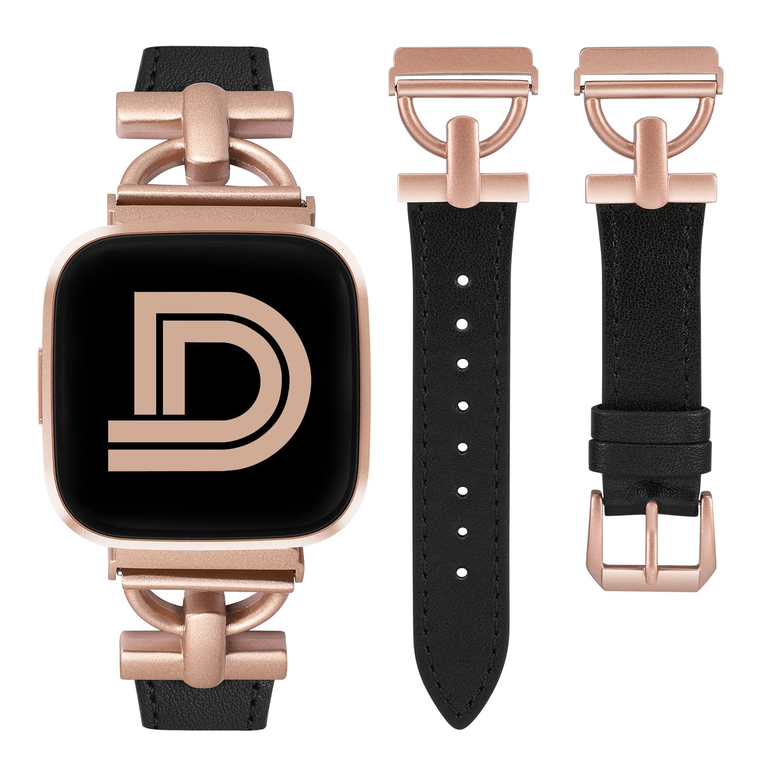 Wearlizer Leather Band Compatible With Fitbit Versa/Versa 2 Smart Watch - Dressy Slim Leather Strap Wristband With D-Shape Metal