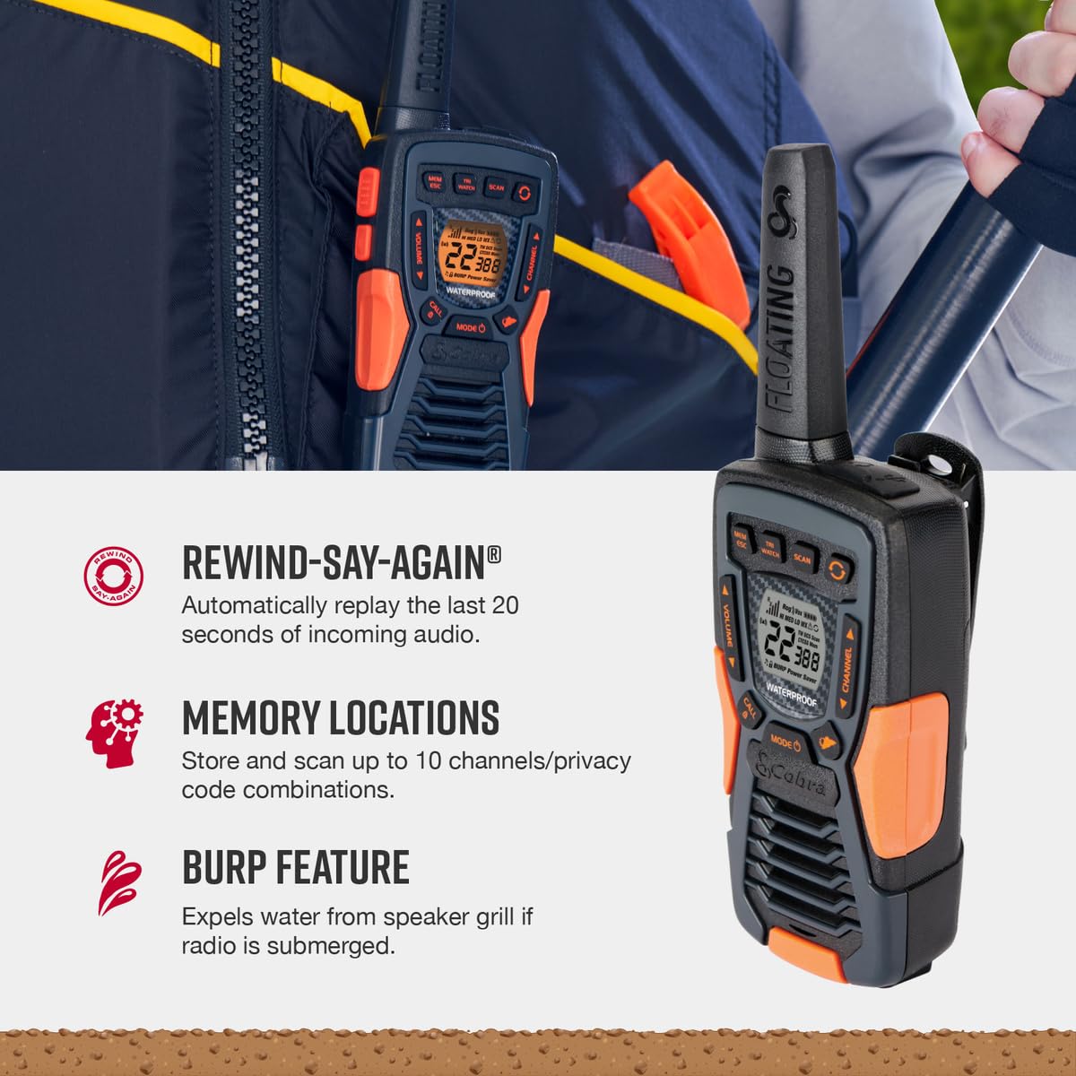 Cobra Acxt1035R Flt Floating Walkie Talkies   Waterproof, Rechargeable, Long Range Up To 37 Mile Two Way Radio With Noaa Weather Alert & Vox, (2 Pack)