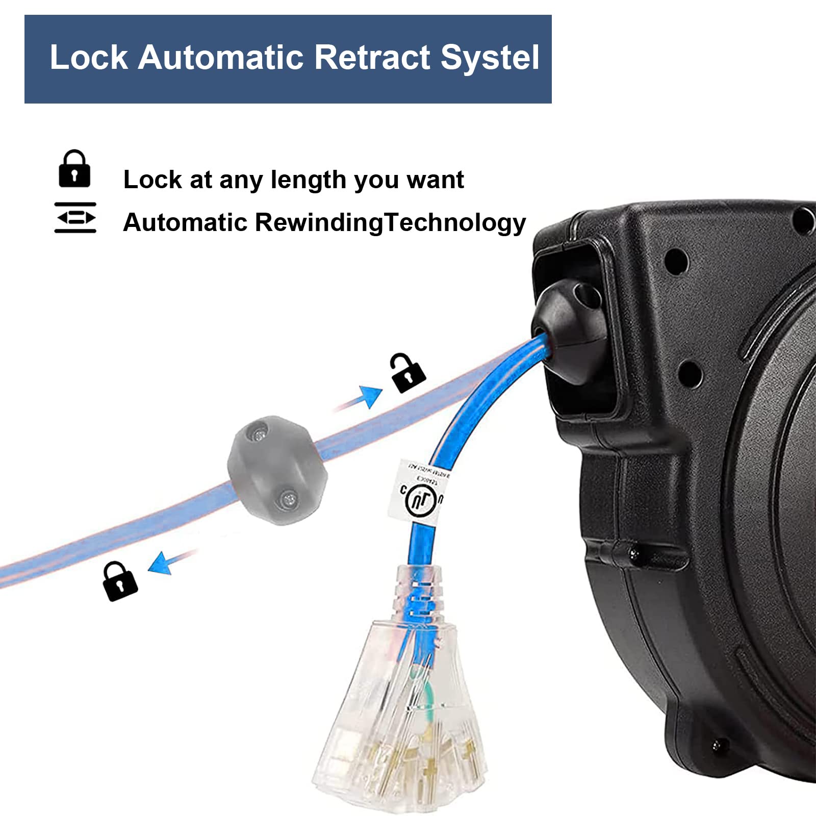 Greatide Retractable Extension Cord Reel, 65 Feet 12 Awg/3C Sjtow Heavy Duty Power Cord,15 Amp Circuit Breaker, 3 Lighted Triple
