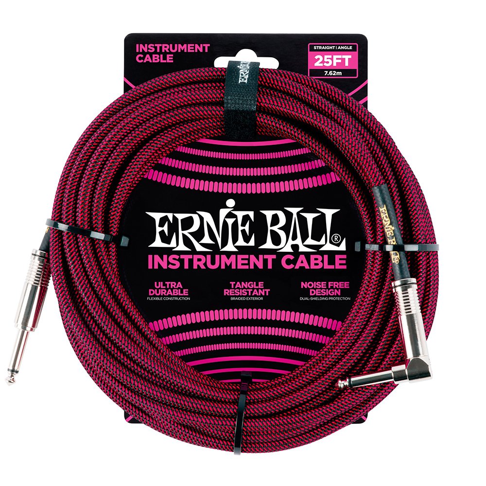 Ernie Ball Braided Instrument Cable, Straight/Angle, 25Ft, Red/Black (P06062)