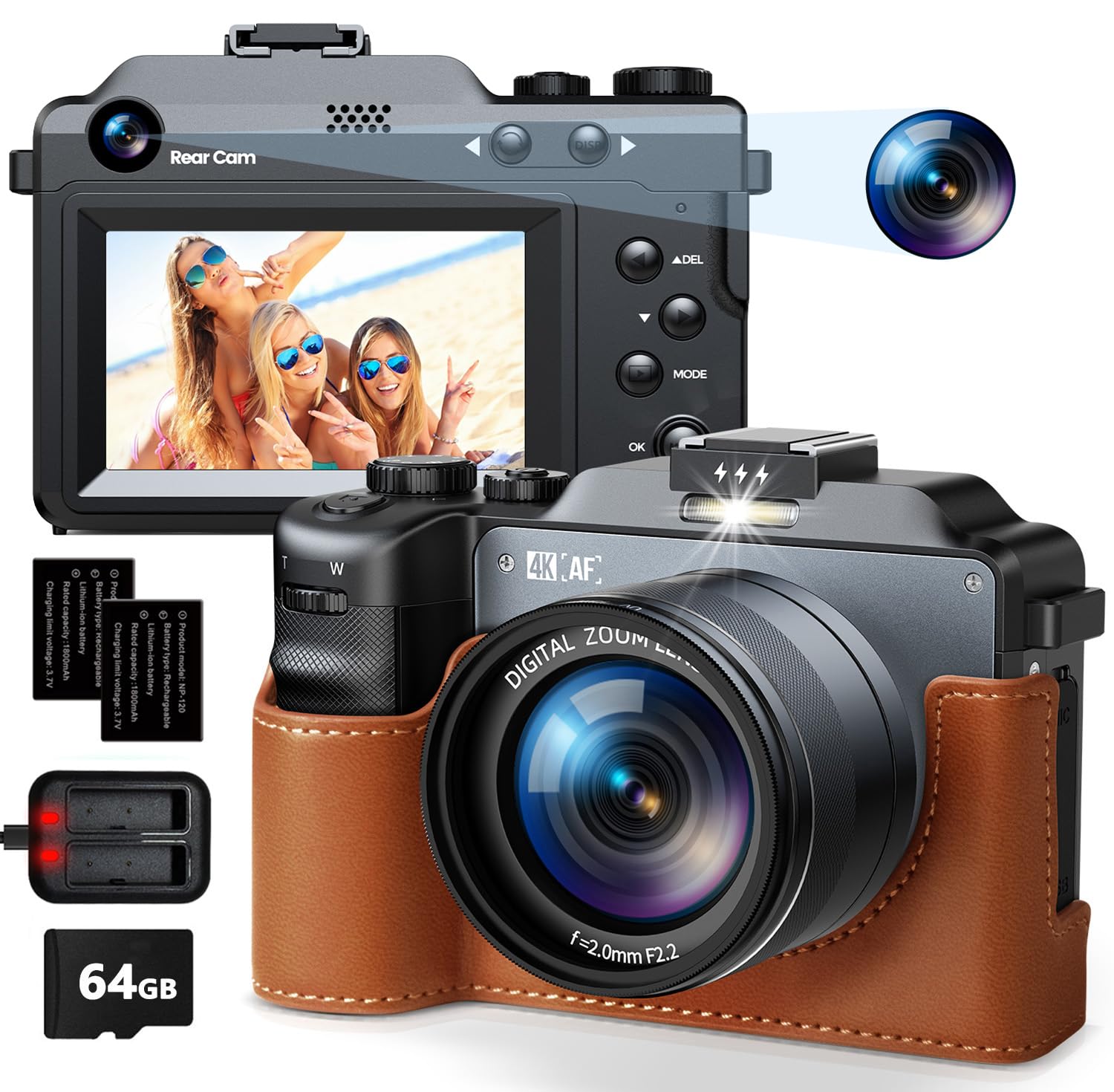 4K Digital Camera, Autofocus 64Mp Vlogging Camera For Youtube With 3.0'' Screen Dual Cameras Flash 18X Digital Zoom Compact Trav