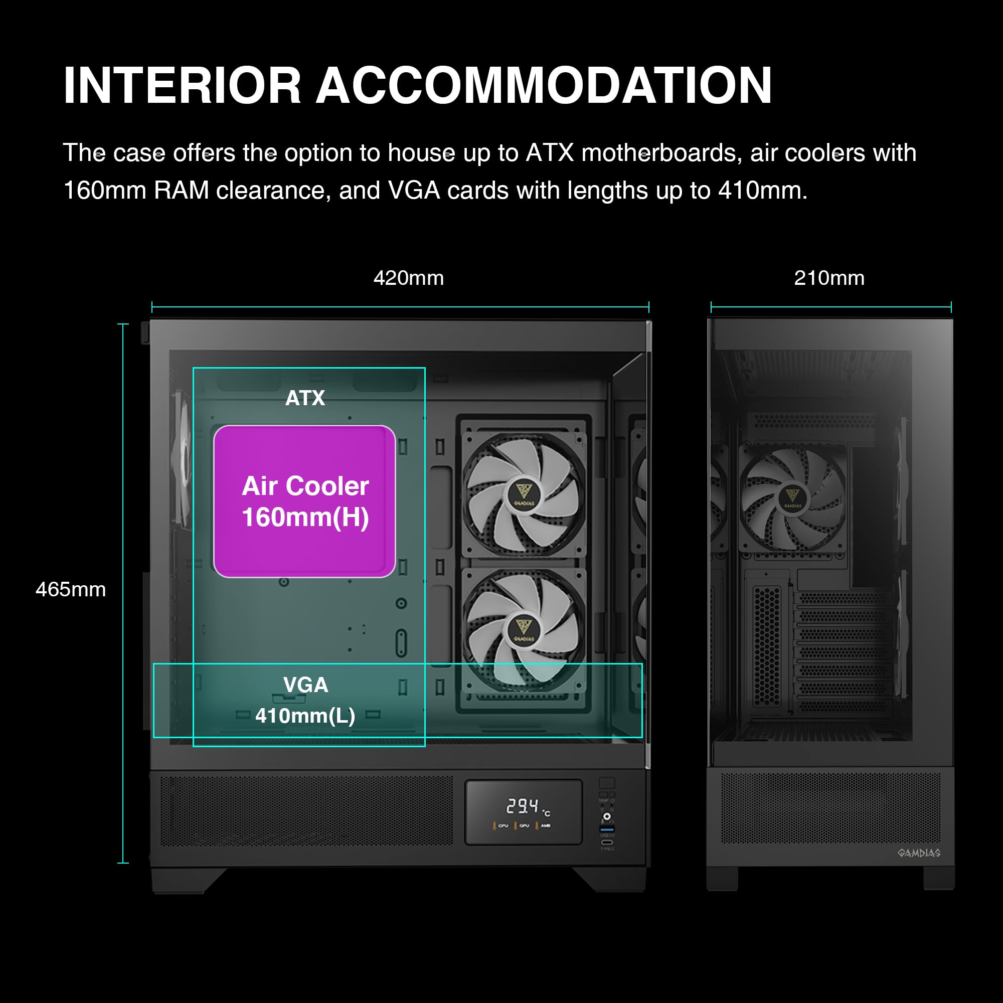 Gamdias Mid Tower Gaming Computer Case W/Display& App, Atx Tempered Glass Pc Case, Built In 3X 120Mm Argb Pwm Fans, Up To Rtx 40