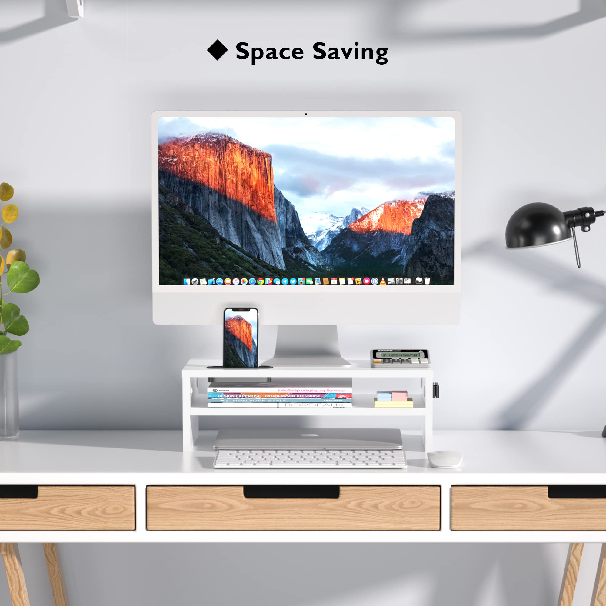 Bontec Monitor Stand Riser White, 2 Tiers Wood Monitor Riser Stand With Storage Organizer, Desktop Ergonomic Monitor Stand Riser