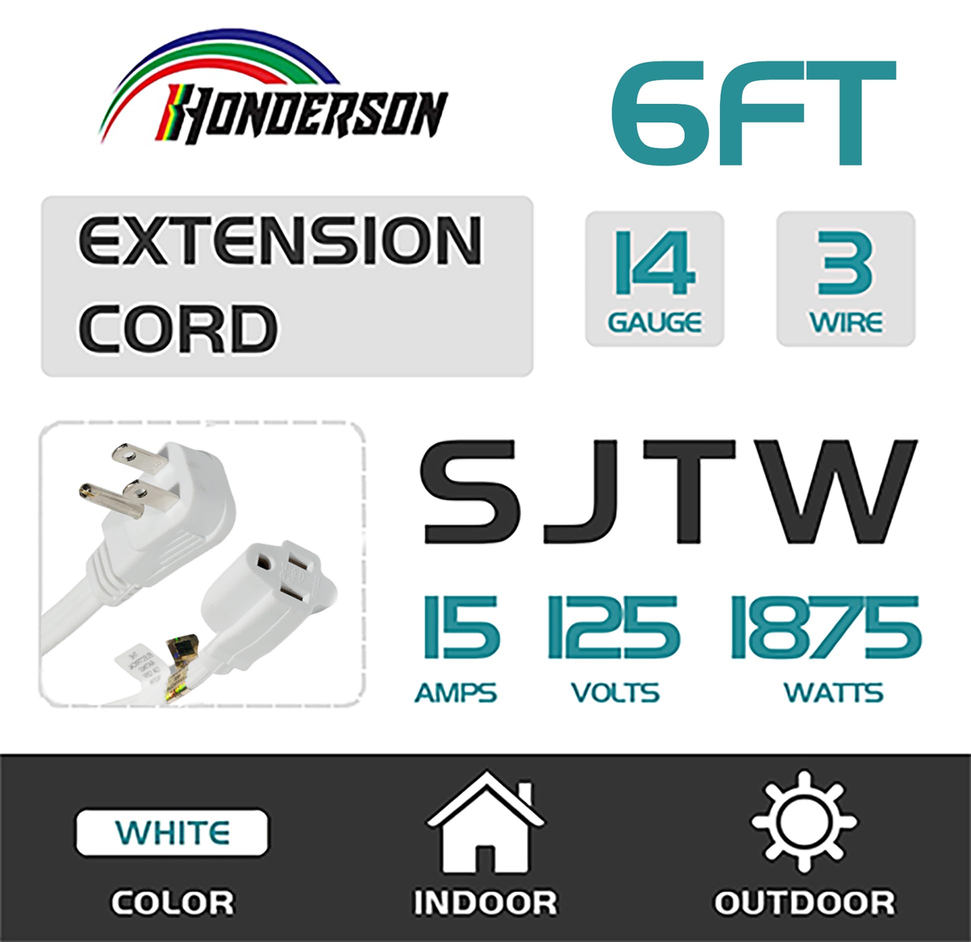 Honderson Flat Plug Extension Cord, Ul Listed, Indoor Extension Cord 14 Gauge 6Ft White, 14/3 Spt 3 15A 3 Prong Grounded Power C
