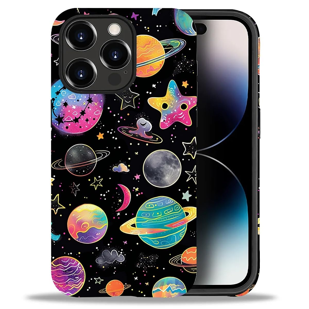 WANKBLC Compatible with iPhone 14 Pro Matte Case, Rainbow Planet Stars Space Pattern for Girl Full Body Design Soft Silicone Dro