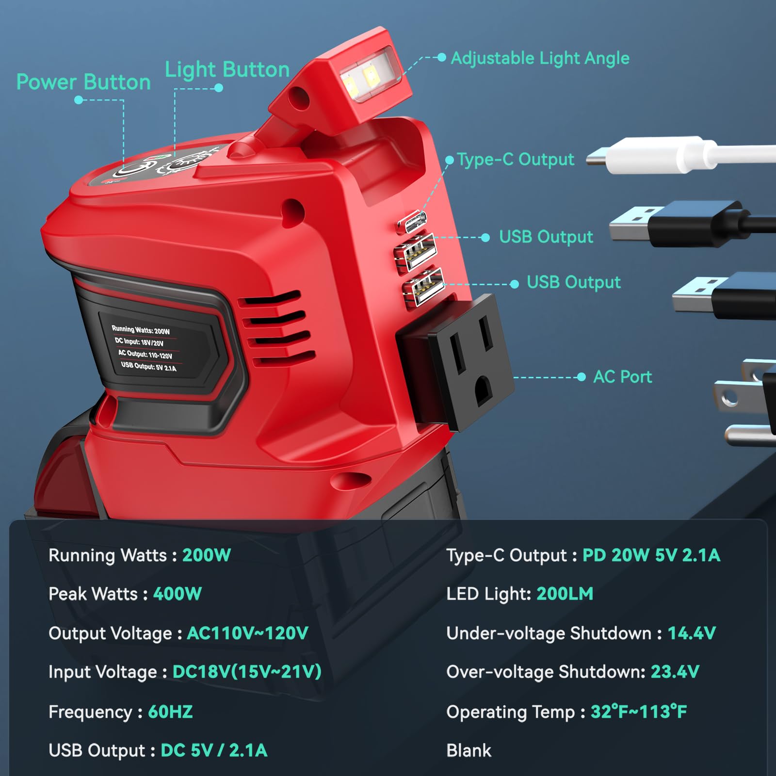 Power Inverter For Milwaukee M18 18V Battery, Ecarke 200W Portable Power Supply Inverter Convert Dc 18V To Ac 110V~120V Battery