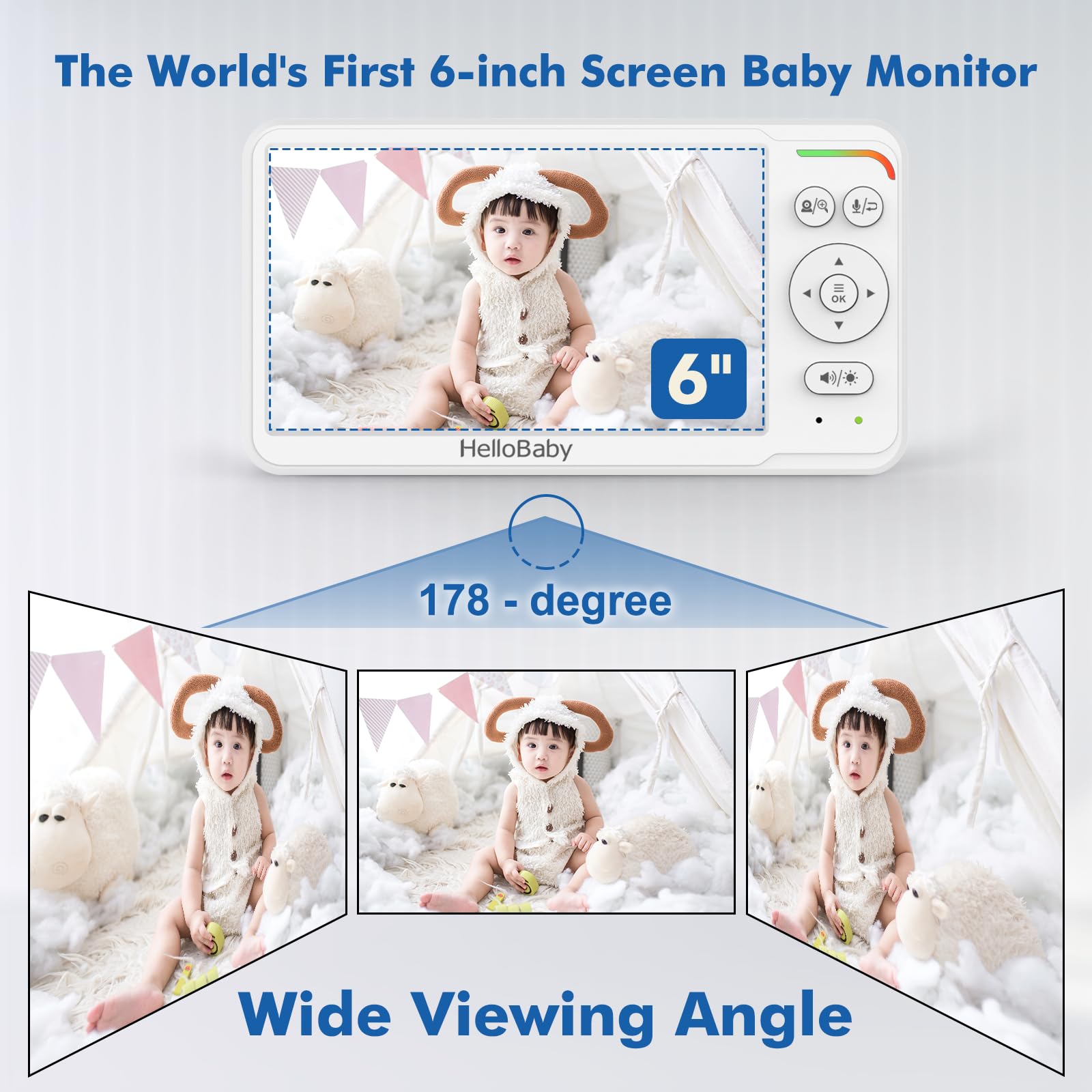 Hellobaby Baby Monitor With 2 Cameras And Audio, 6'' World First Ips Split Screen Baby Camera Monitor No Wifi, 30 Hrs Battery, E