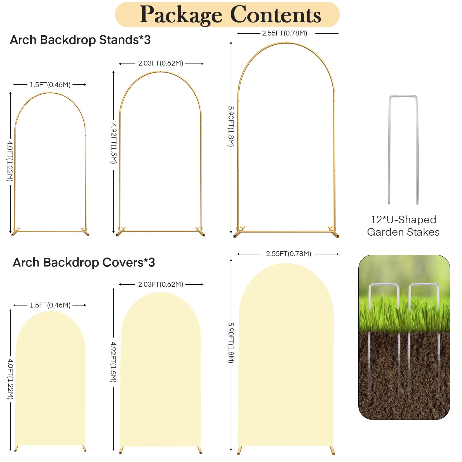 Topdirect Set Of 3 Arch Backdrop Stand And Cover Set, 4Ft, 5Ft, 6Ft Metal Chiara Backdrop Stand For Birthday Party Baby Shower W