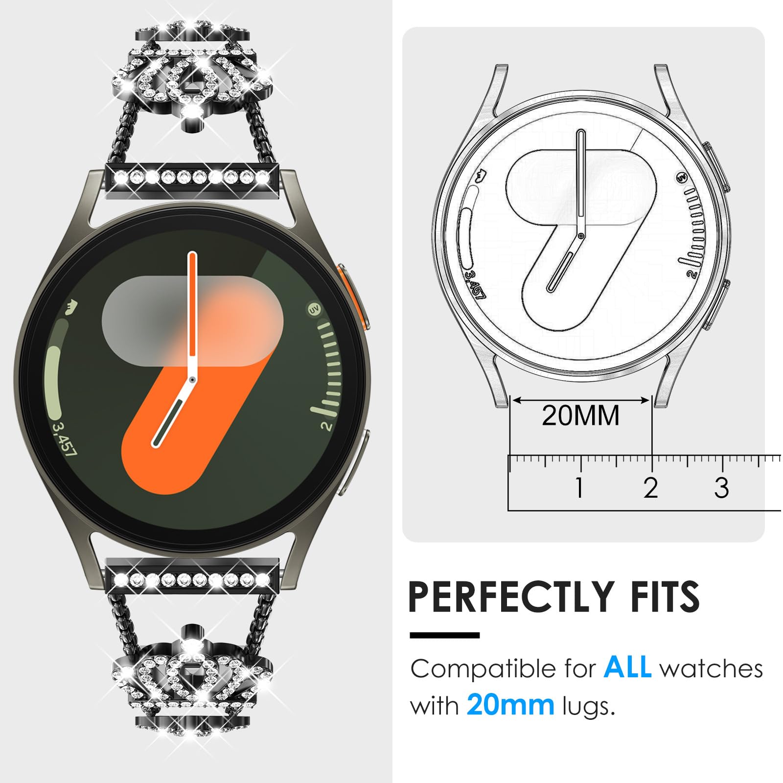 20Mm Bling Band Compatible With Samsung Galaxy Watch 7/6/5/4 40Mm 44Mm Watch 6 Classic 47Mm Band 43Mm Watch 5 Pro 45Mm, Diamond