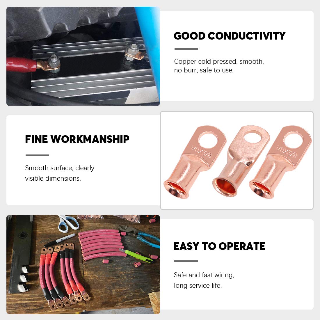 Swpeet 6Pcs 1/0 Awg   3/8'' (M10) Ring Terminals Ul Listed Copper Battery Cable Lugs Wire Lugs, Battery Cable Ends Bare Copper E