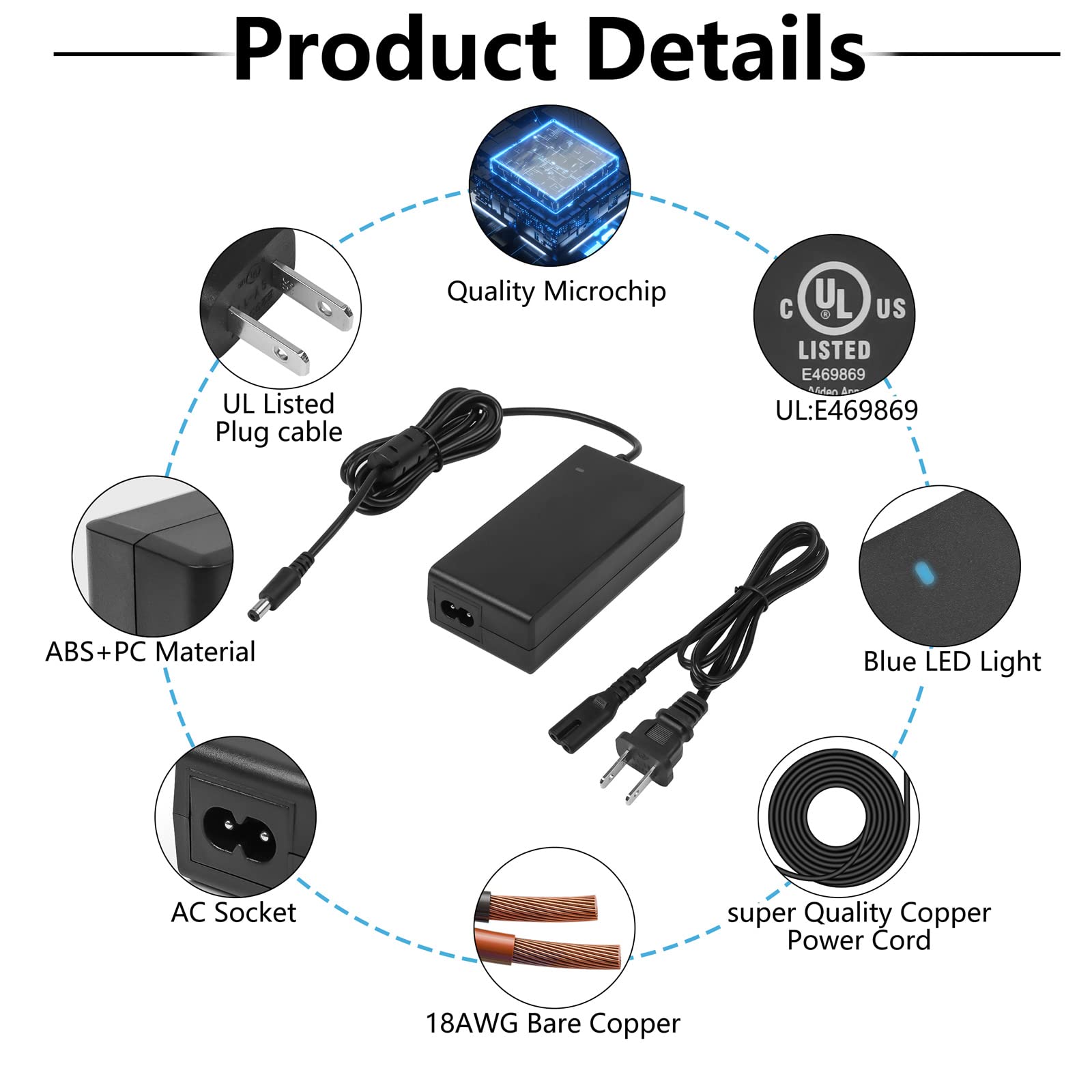 Ul Listed 19V Monitor Power Supply Cord For Hp Pavilion Vh240A 22Er 23Er 27Er 27Ea 22Es 23Es 24Es 25Es 23Tm 23Cw 25Bw Adpc1945, 20' 21.5' 23' 23.8' 25' 27' Display Ac/Dc Adapter