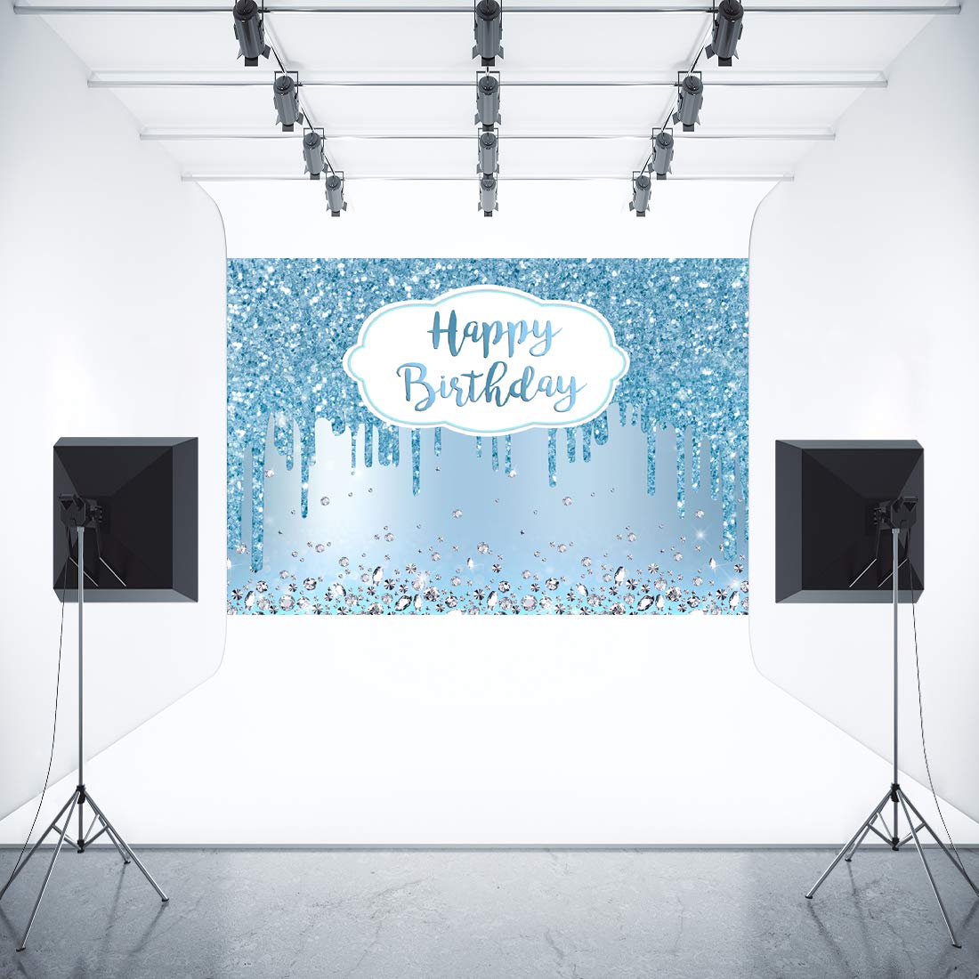 Aperturee 7X5Ft Blue Happy Birthday Backdrop Glitter Diamonds Girls Sweet 16 18Th 21St 30Th 40Th 50Th Women Photography Background Banner Supplies Photo Booth Studio Props Party Decoration Cake Table