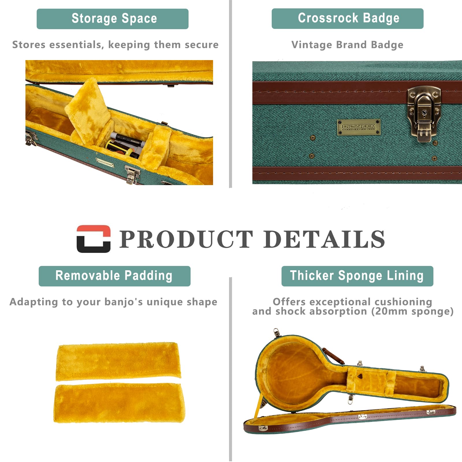 Crossrock Master Series Openback Banjo Case | Malachite Blue Tweed Exterior, Re-Engineered Wooden Shell, Leather Handle & Gold V