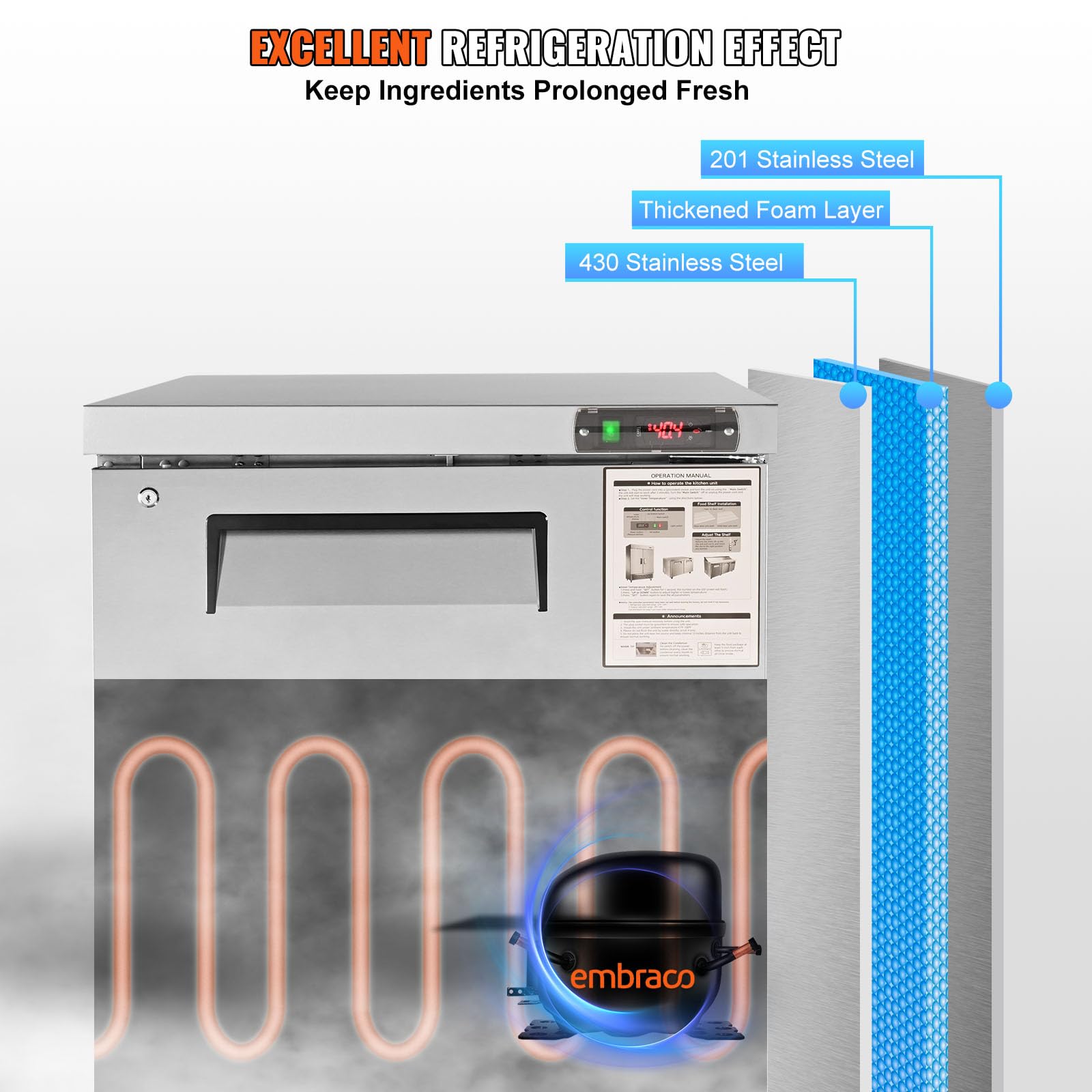 Vevor 28 W Commercial Refrigerator, Undercounter Worktop Refrigerator, 7.4 Cu. Ft Thick Stainless Steel Refrigerated Food Prep S