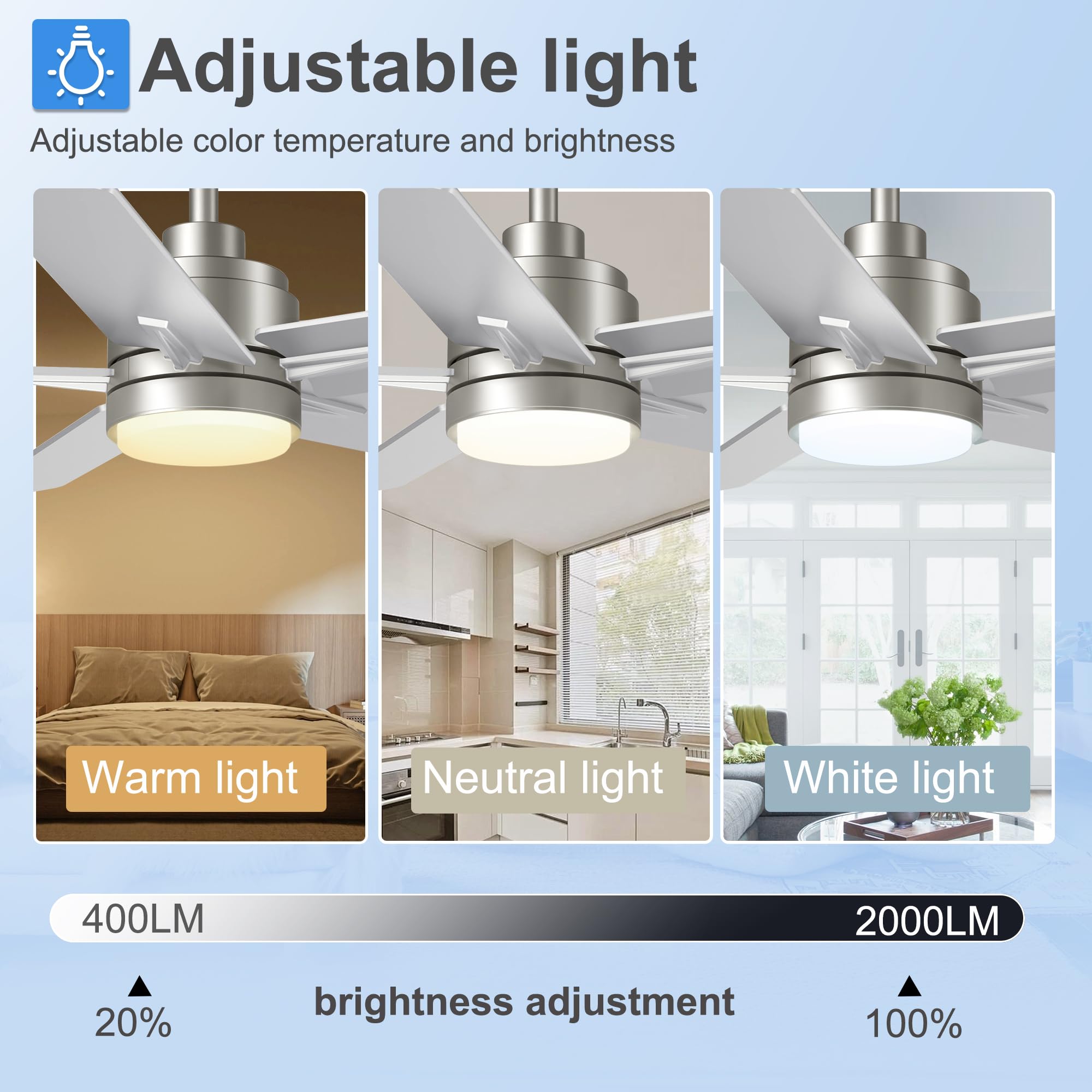 42 Inch Nickel Ceiling Fan With Light And Remote Control. Dimmable 3 Color Temperatures Led Ceiling Fan. 6 Speeds Reversible Dc